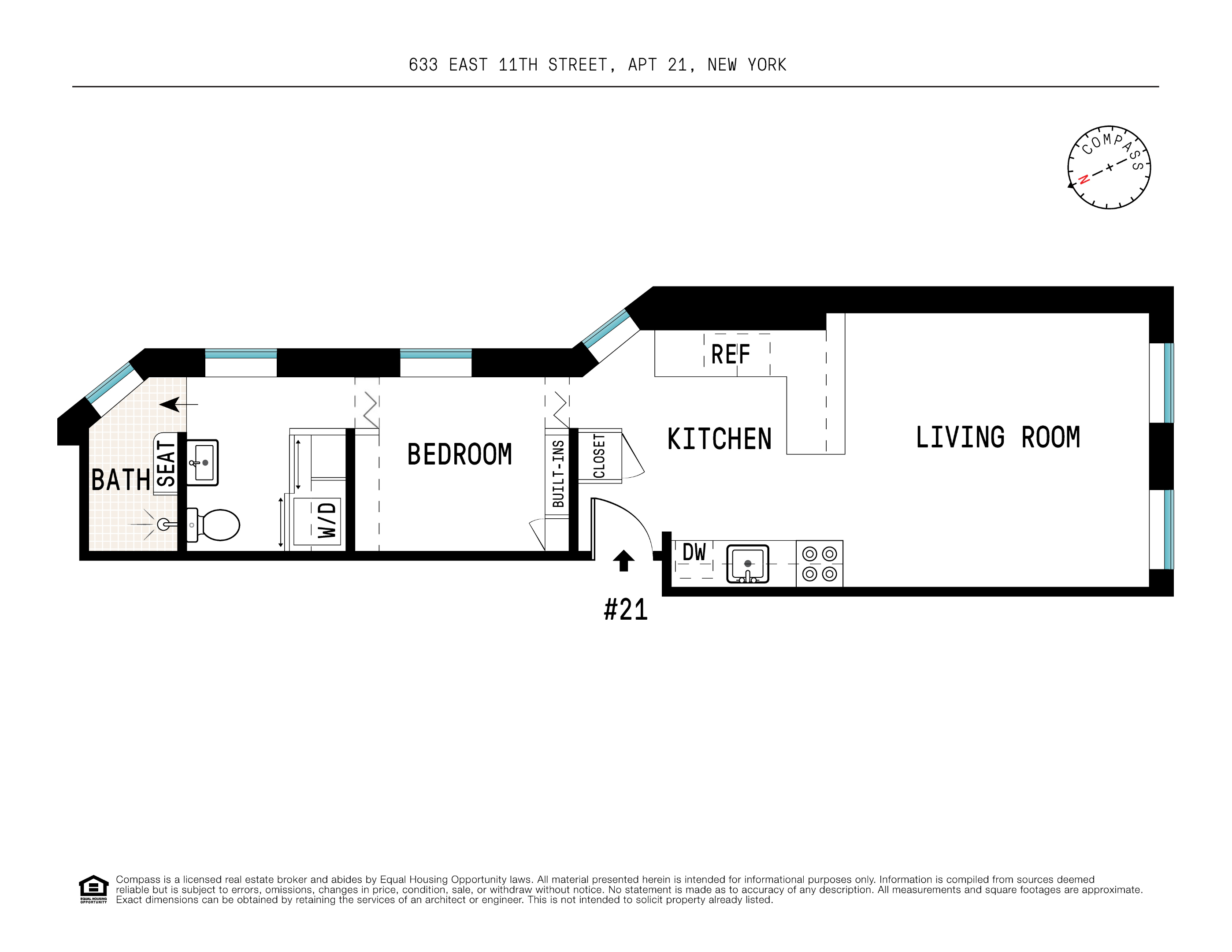 Floor plan of apartment 21 with a bedroom, bathroom, kitchen, and living room.
