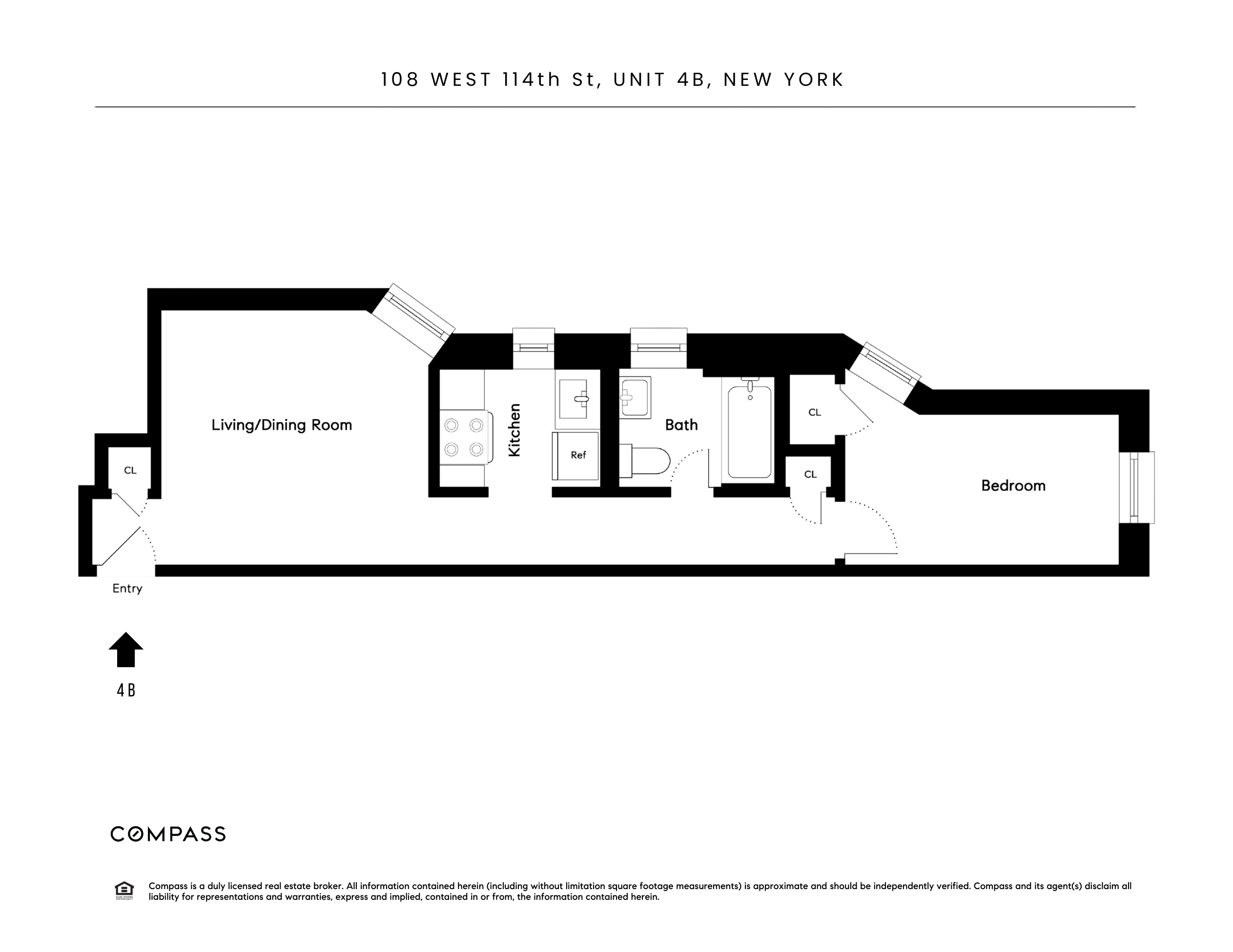 Floor plan of unit 4B with a living/dining room, kitchen, bath, bedroom, entry, and three closets.