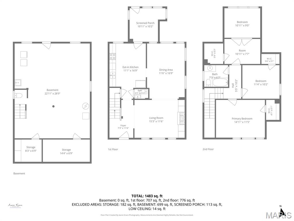 Three-level floor plan showing a basement, first-floor living spaces, and three second-floor bedrooms.