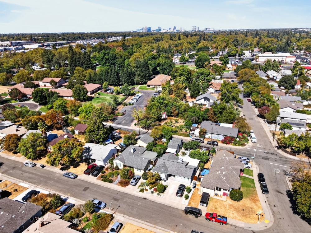 Aerial view of a leafy residential neighborhood with intersecting streets and a distant skyline.