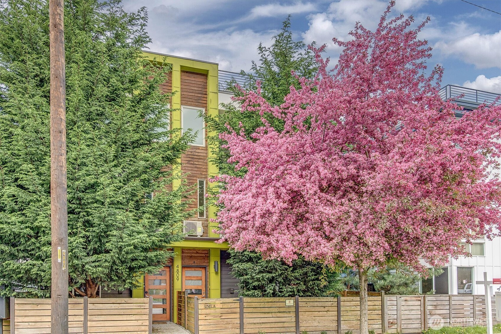 Modern townhome with lime-green trim and a pink-blossoming tree behind a wood fence.