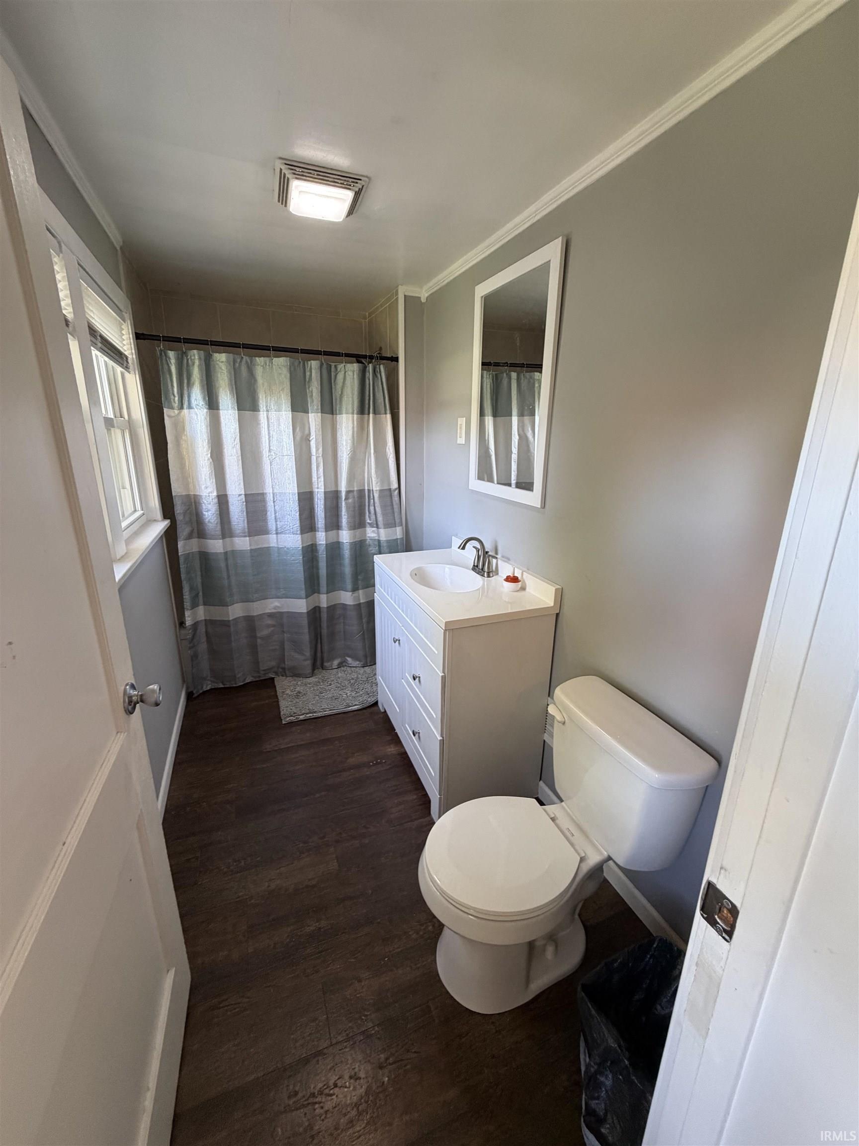 Bathroom with a white vanity, toilet, striped shower curtain, and dark flooring.