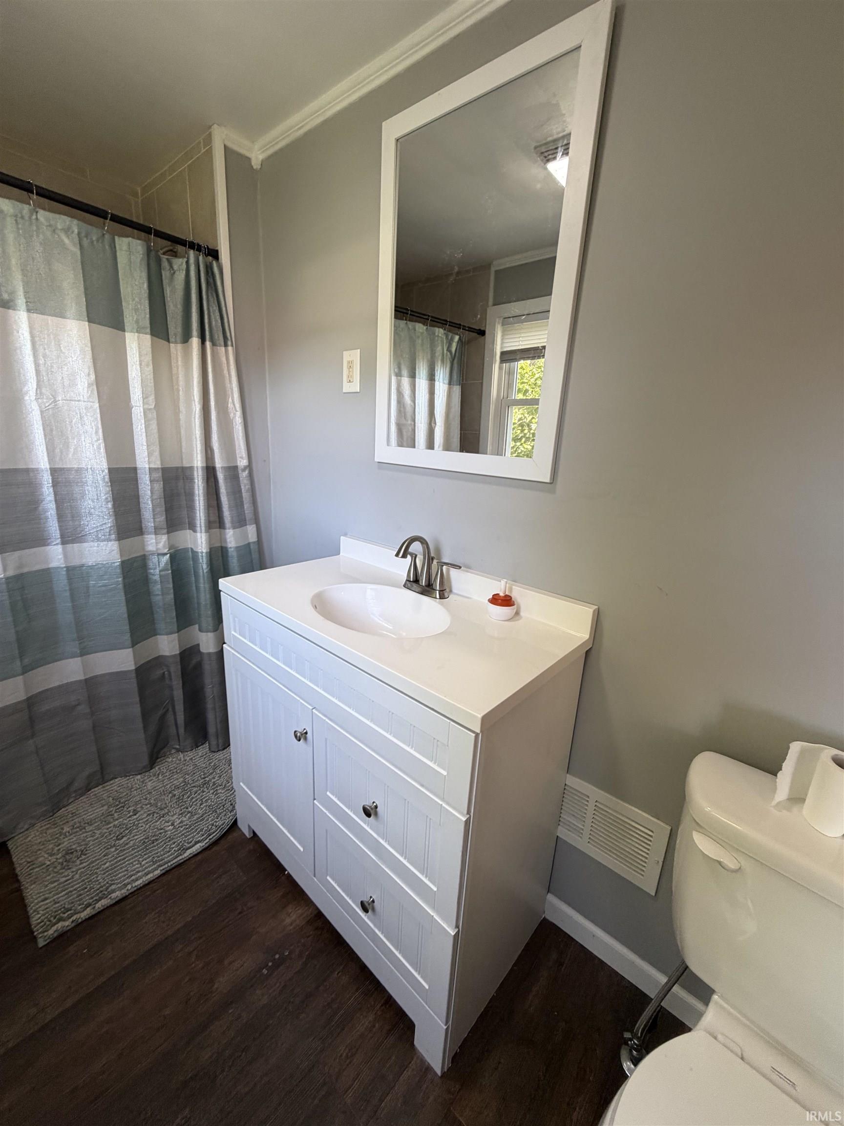 Bathroom with a white paneled vanity, large mirror, gray striped shower curtain, and dark flooring.