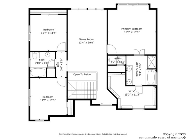 Second-floor plan with two bedrooms, a game room, primary suite, walk-in closet, and open-to-below area.