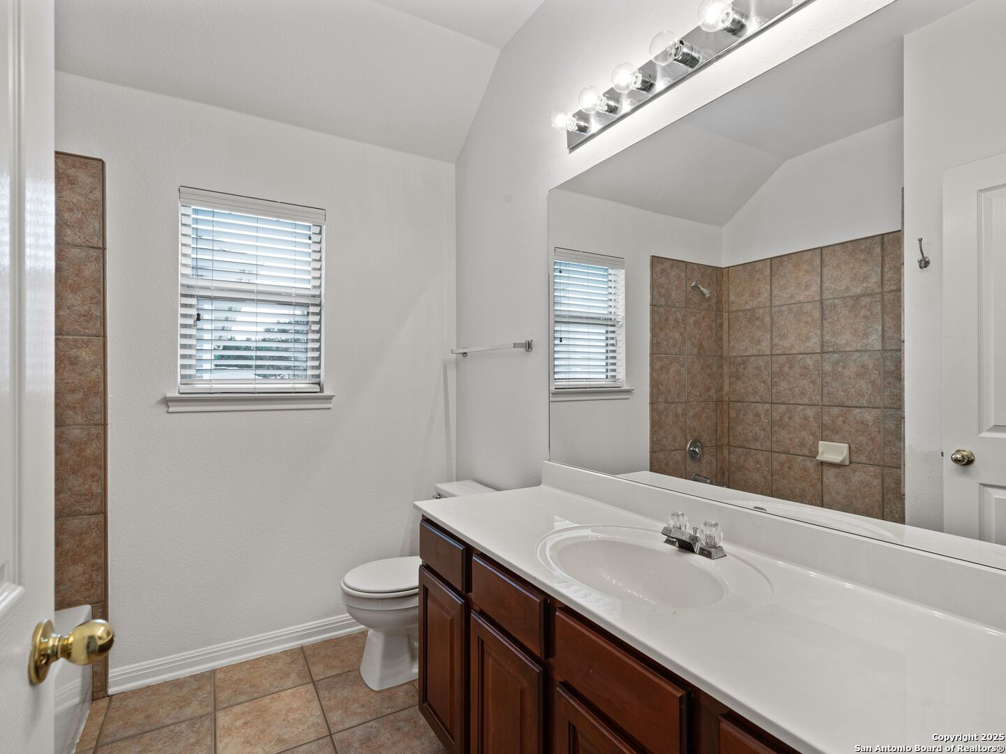 Bathroom with a long dark wood vanity, large mirror, and brown tiled shower wall.