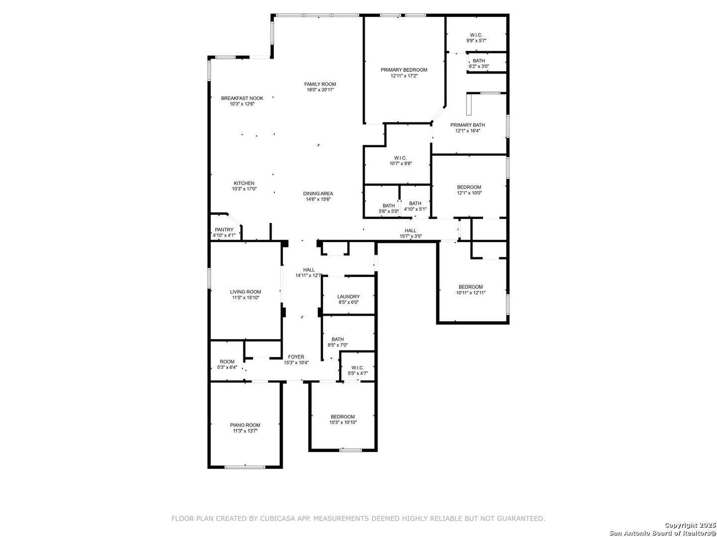 Floor plan showing the home's room layout, including a piano room and breakfast nook.