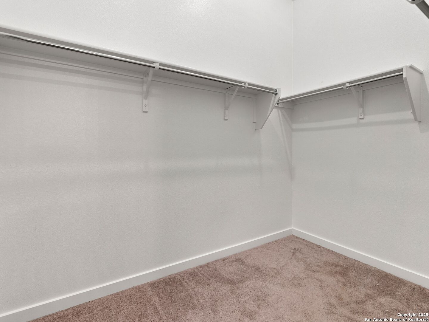 Empty walk-in closet with beige carpet and wraparound shelving and hanging rods.