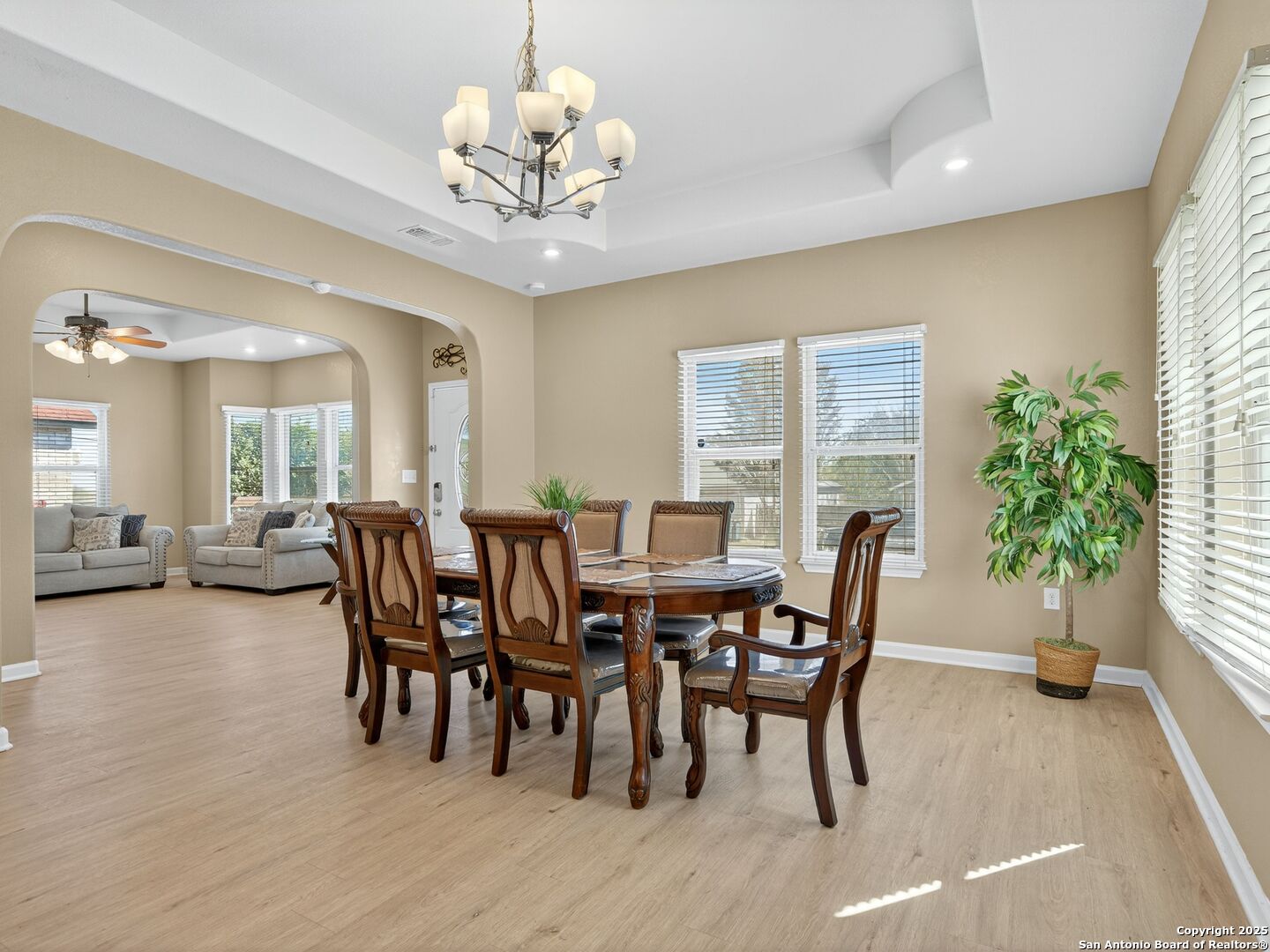 Dining room with a dark wood table, chandelier, and arched opening to the living room.