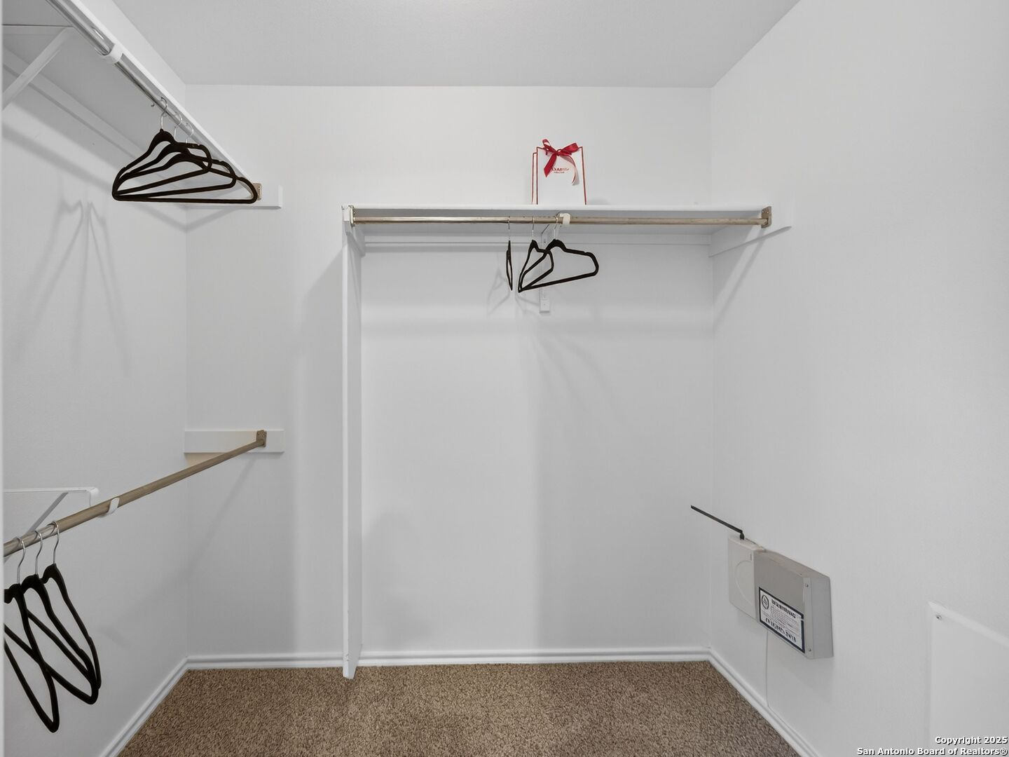 Walk-in closet with wall-mounted clothing rods, shelves, black hangers, and beige carpet.