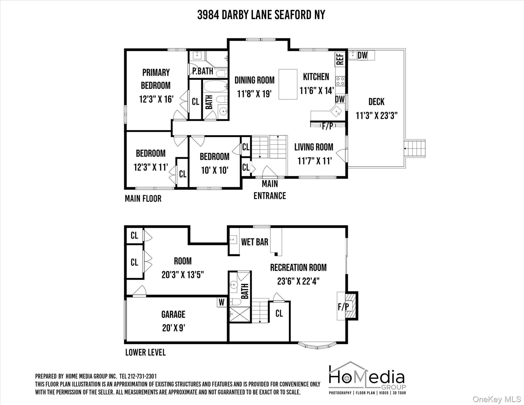 Floor plan of 3984 Darby Lane showing the main floor and lower level, including a deck and recreation room.