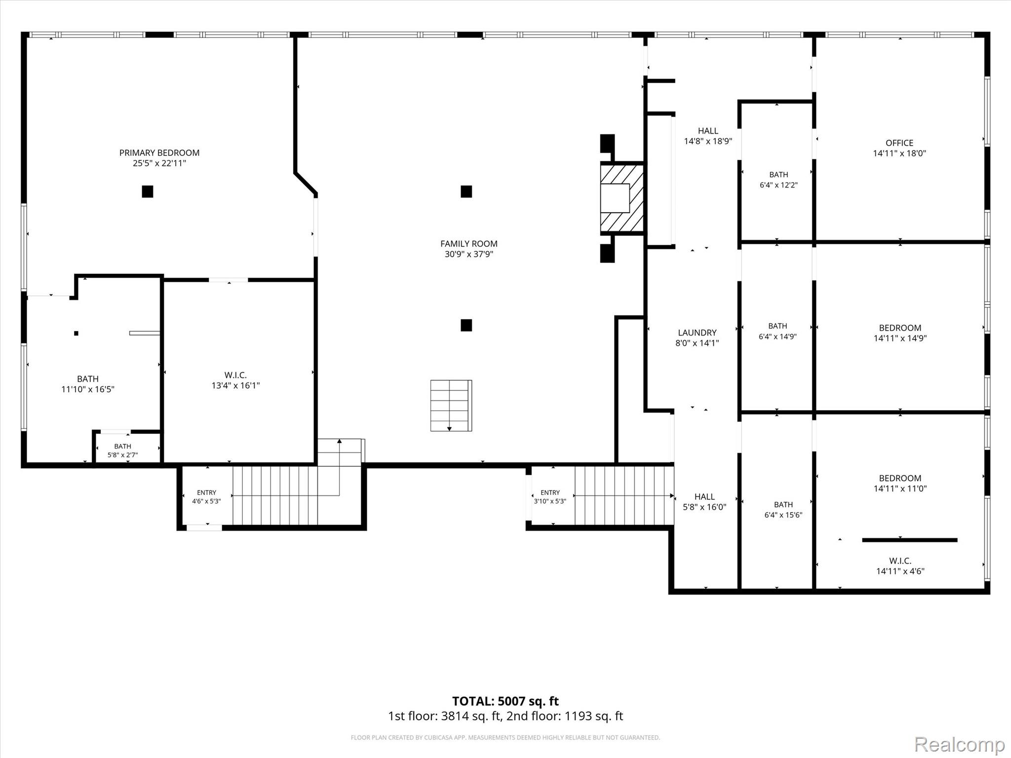 Two-floor penthouse plan with a large family room, primary bedroom, office, and multiple bedrooms and bathrooms.