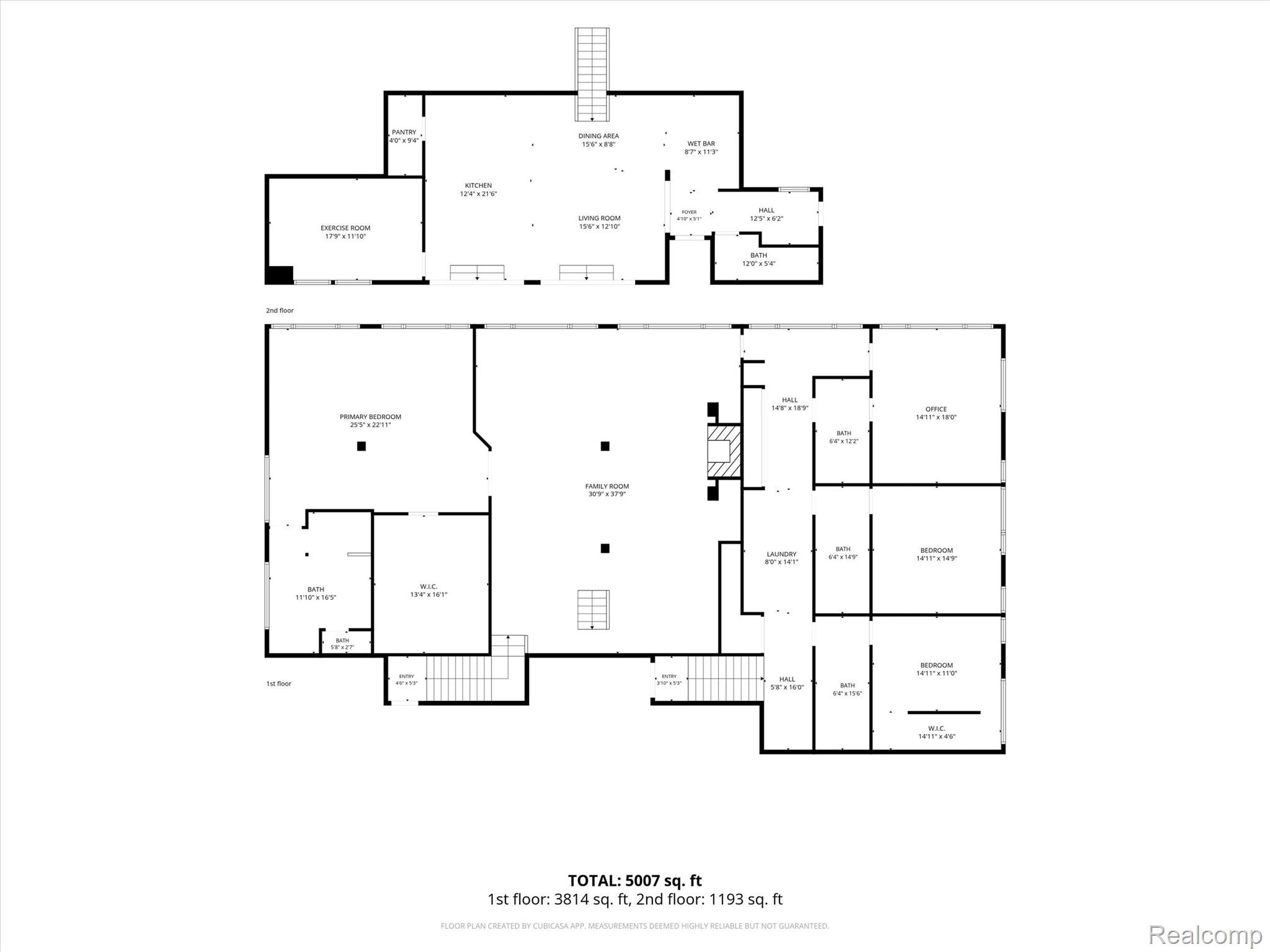 Two-story penthouse floor plan showing a large family room, primary suite, office, and 5,007 total square feet.