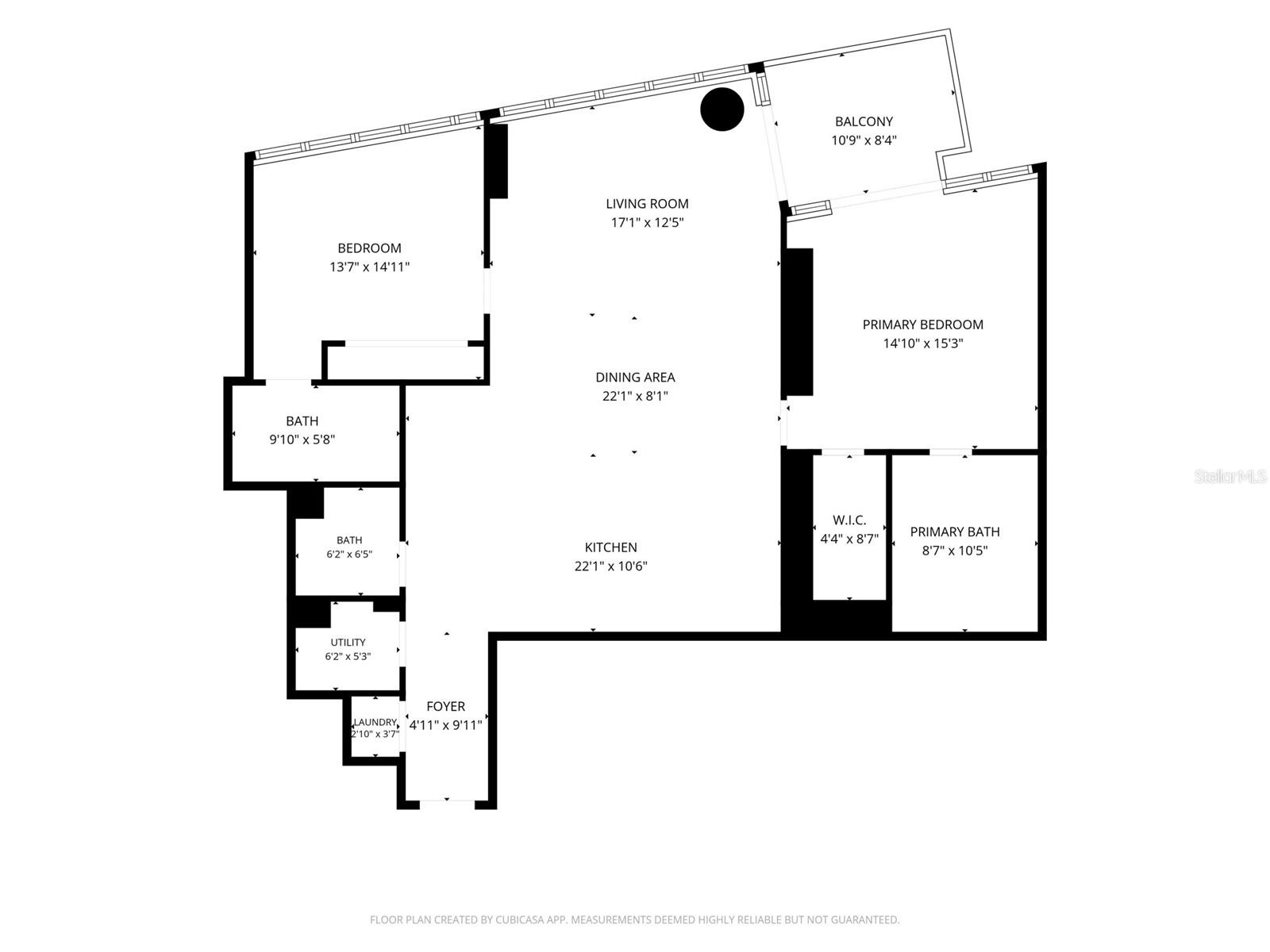 Floor plan showing two bedrooms, two bathrooms, balcony, and labeled room dimensions.