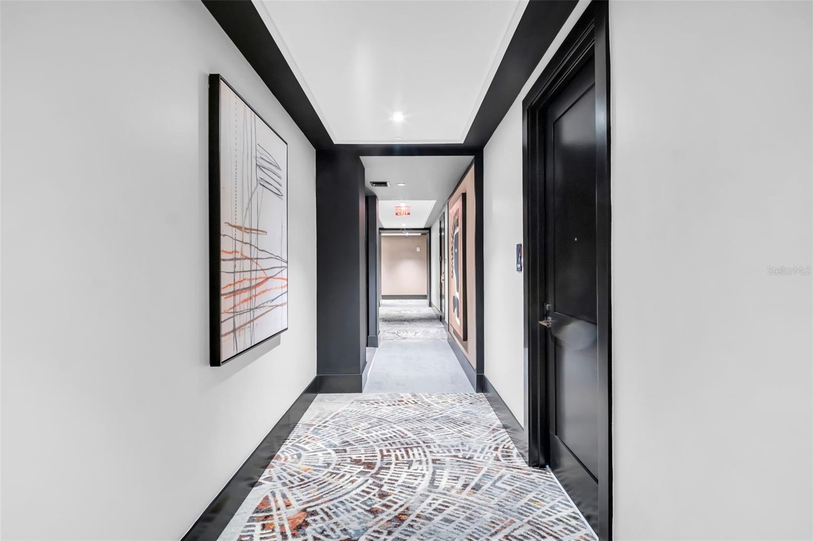 Condominium hallway with black trim, framed art, and a patterned runner rug.