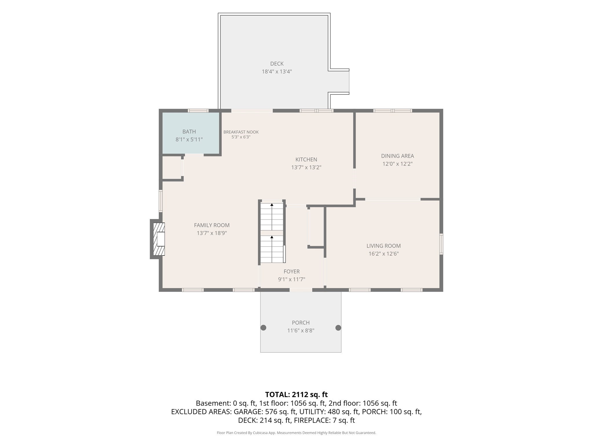Floor plan showing kitchen, dining area, family and living rooms, bath, porch, deck, and square-footage totals.