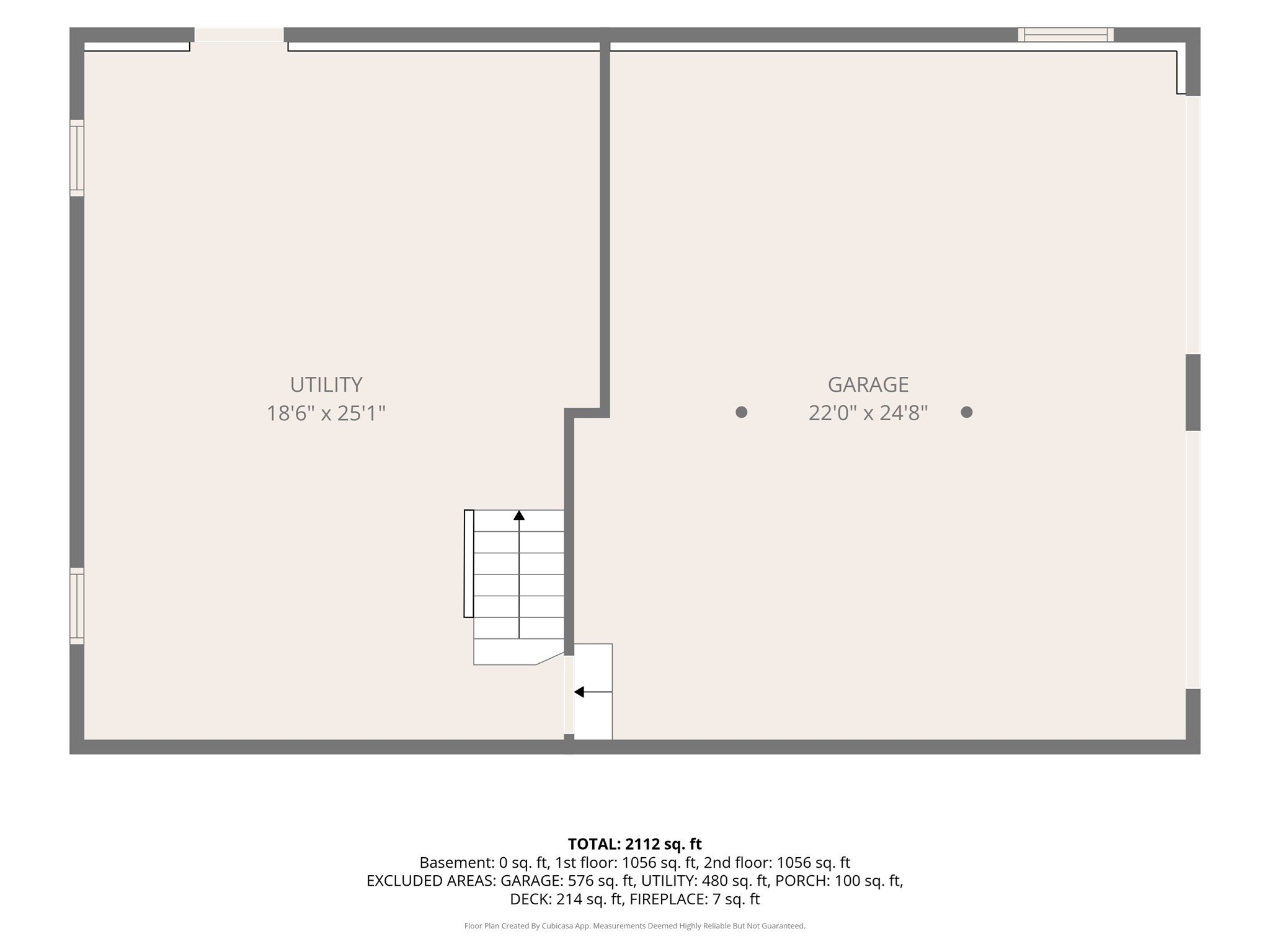 Floor plan showing a utility room, garage, and stairs, with room dimensions and total square footage.