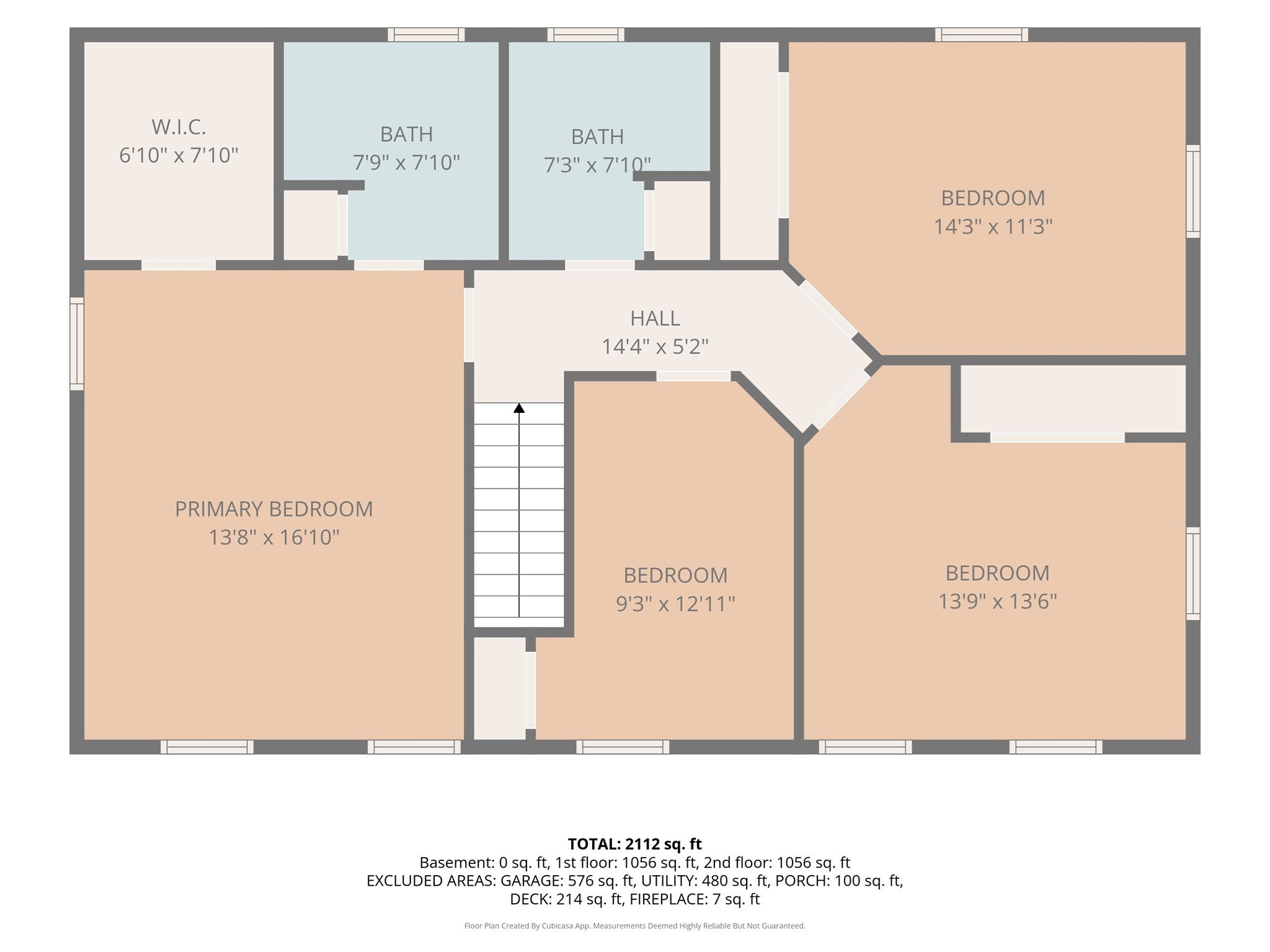 Second-floor plan with a primary bedroom, three additional bedrooms, two bathrooms, and a central staircase.