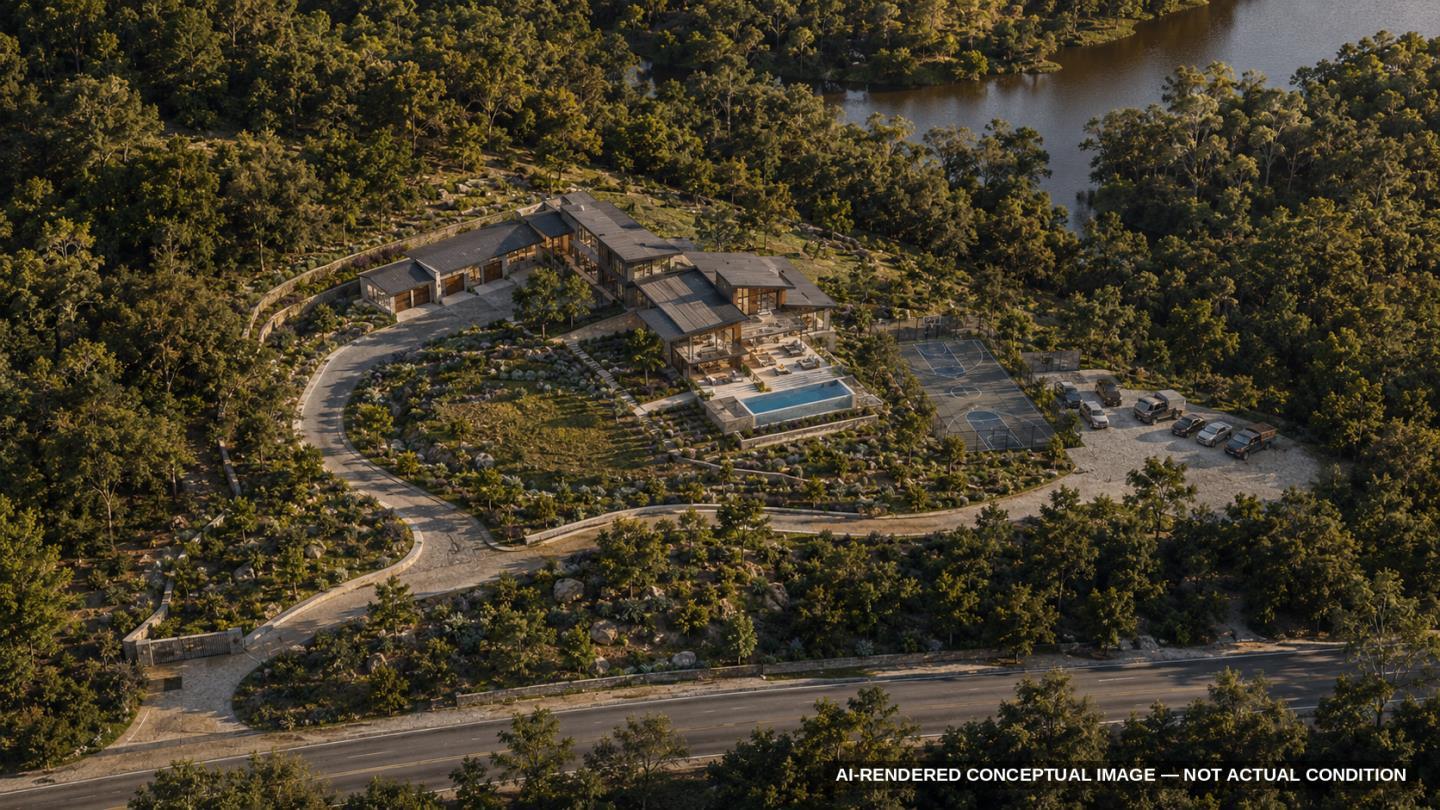 Aerial conceptual rendering of a wooded modern estate with a pool, tennis court, and nearby lake.