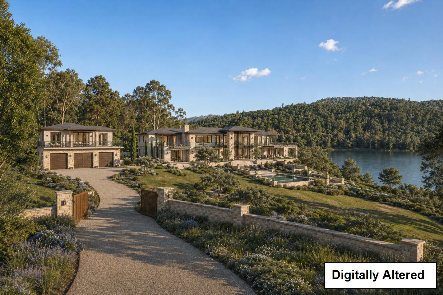 Contemporary estate beside a lake, with landscaped grounds and wooded hills behind it.