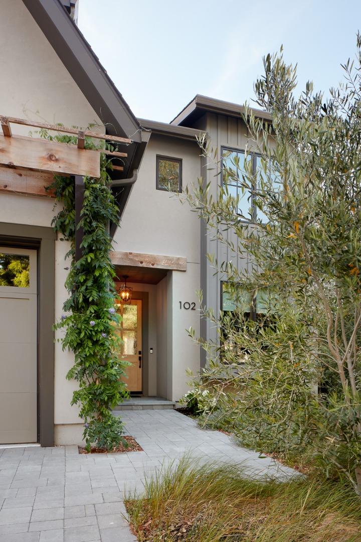 Modern home entrance with a wooden door, climbing vines, and an olive tree.