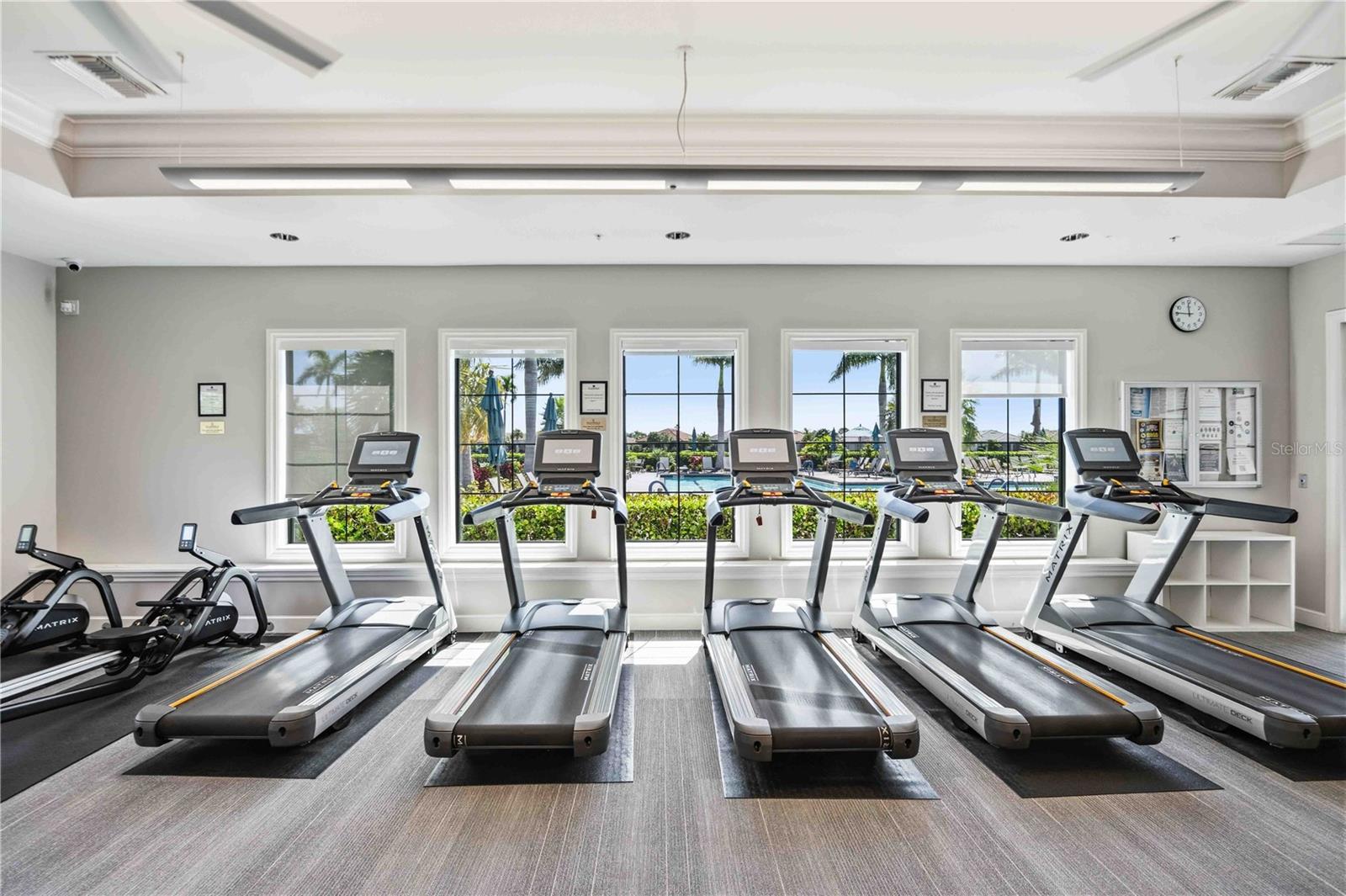 Fitness center with rows of treadmills and ellipticals facing windows overlooking an outdoor pool.