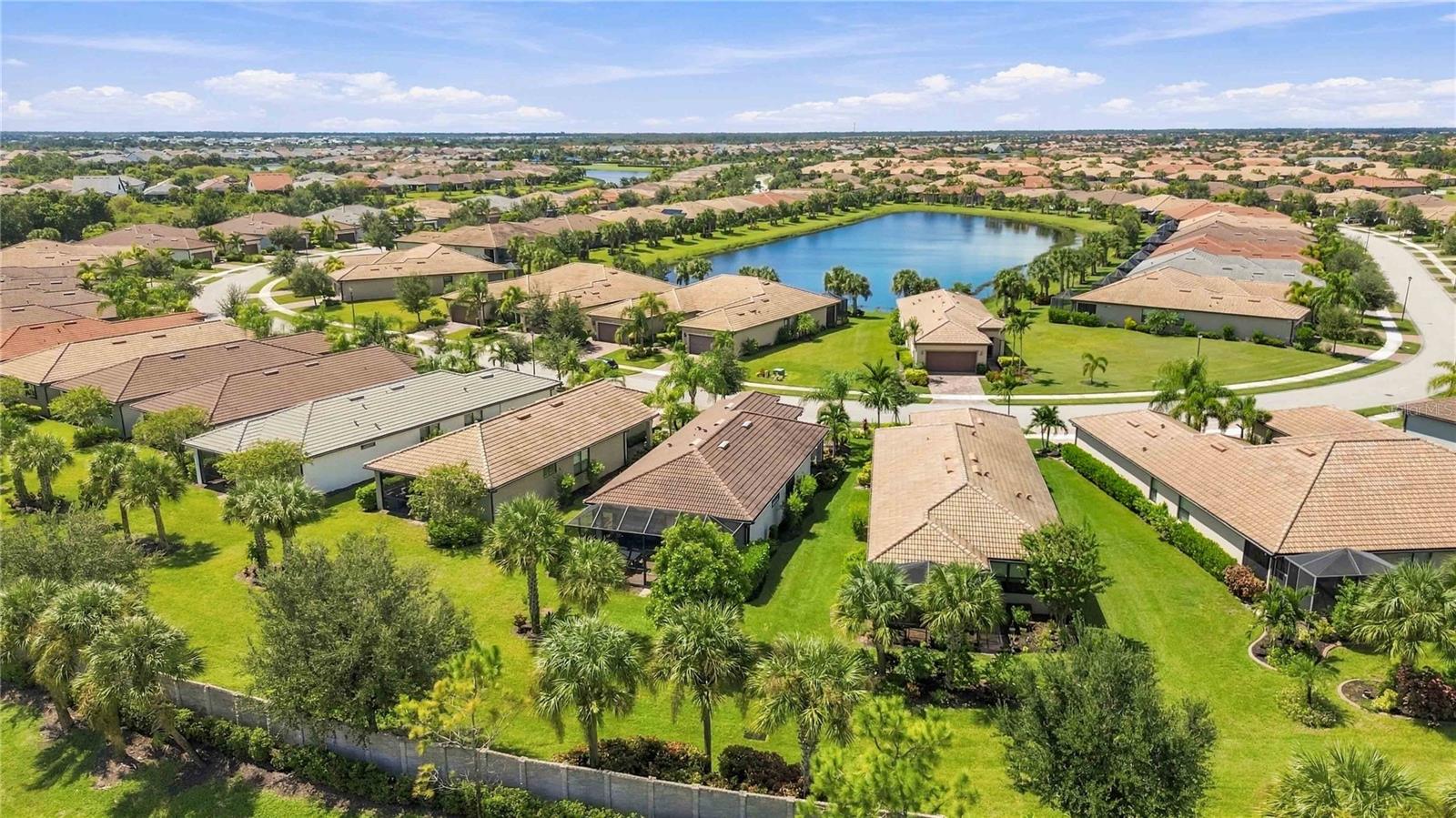 Aerial view of homes and palm trees surrounding a landscaped pond.