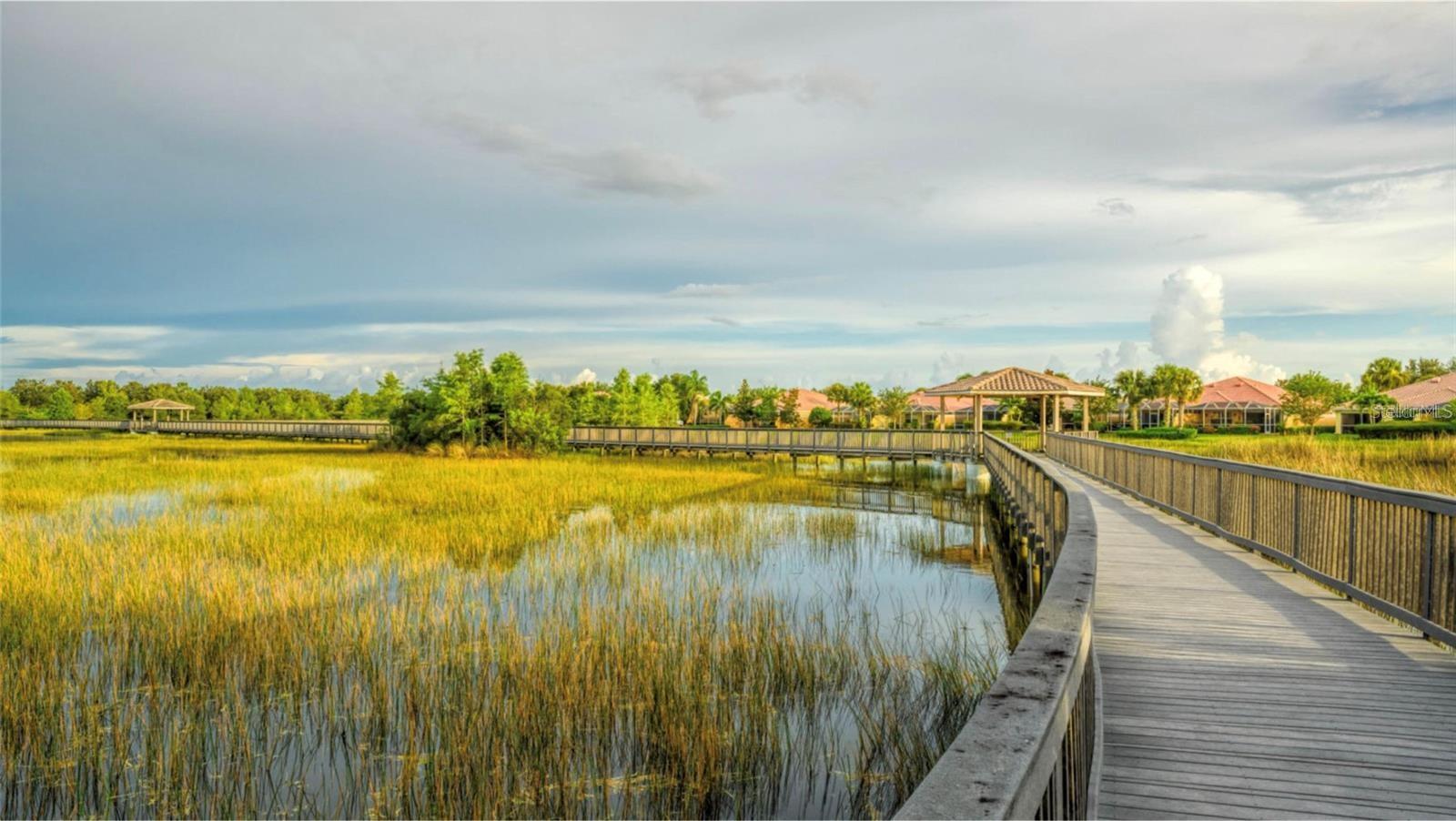 Boardwalk curves through a grassy marsh toward a gazebo, with homes in the distance.