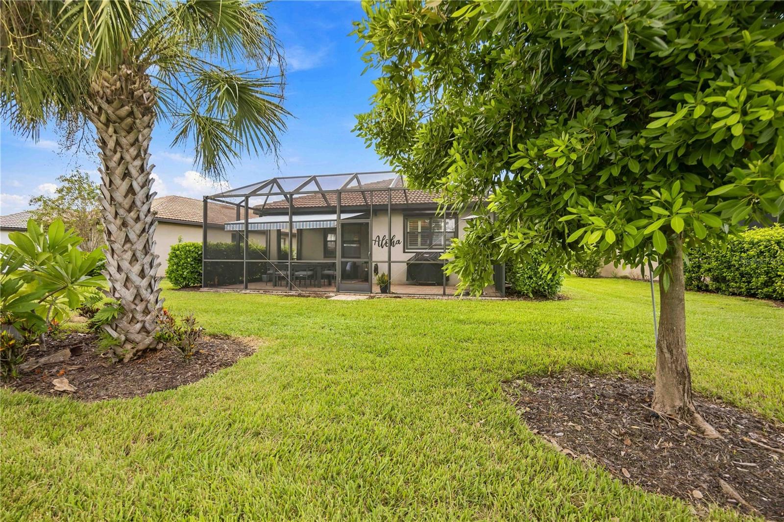 Home’s rear exterior with screened lanai, broad lawn, palm tree, and leafy shade tree.