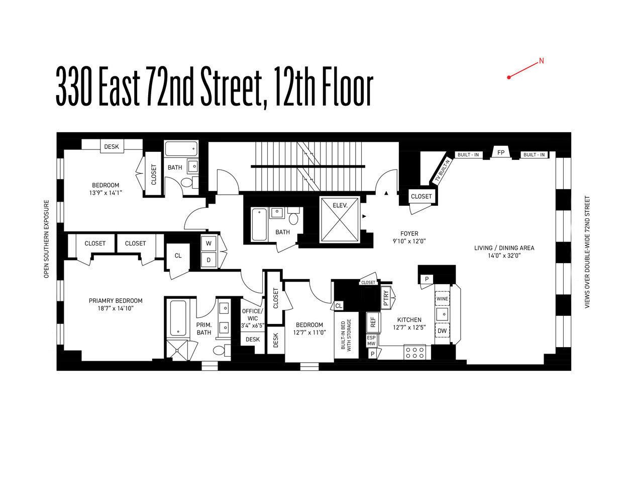 12th-floor apartment plan at 330 East 72nd Street, with three bedrooms, an office, and a large living and dining area.