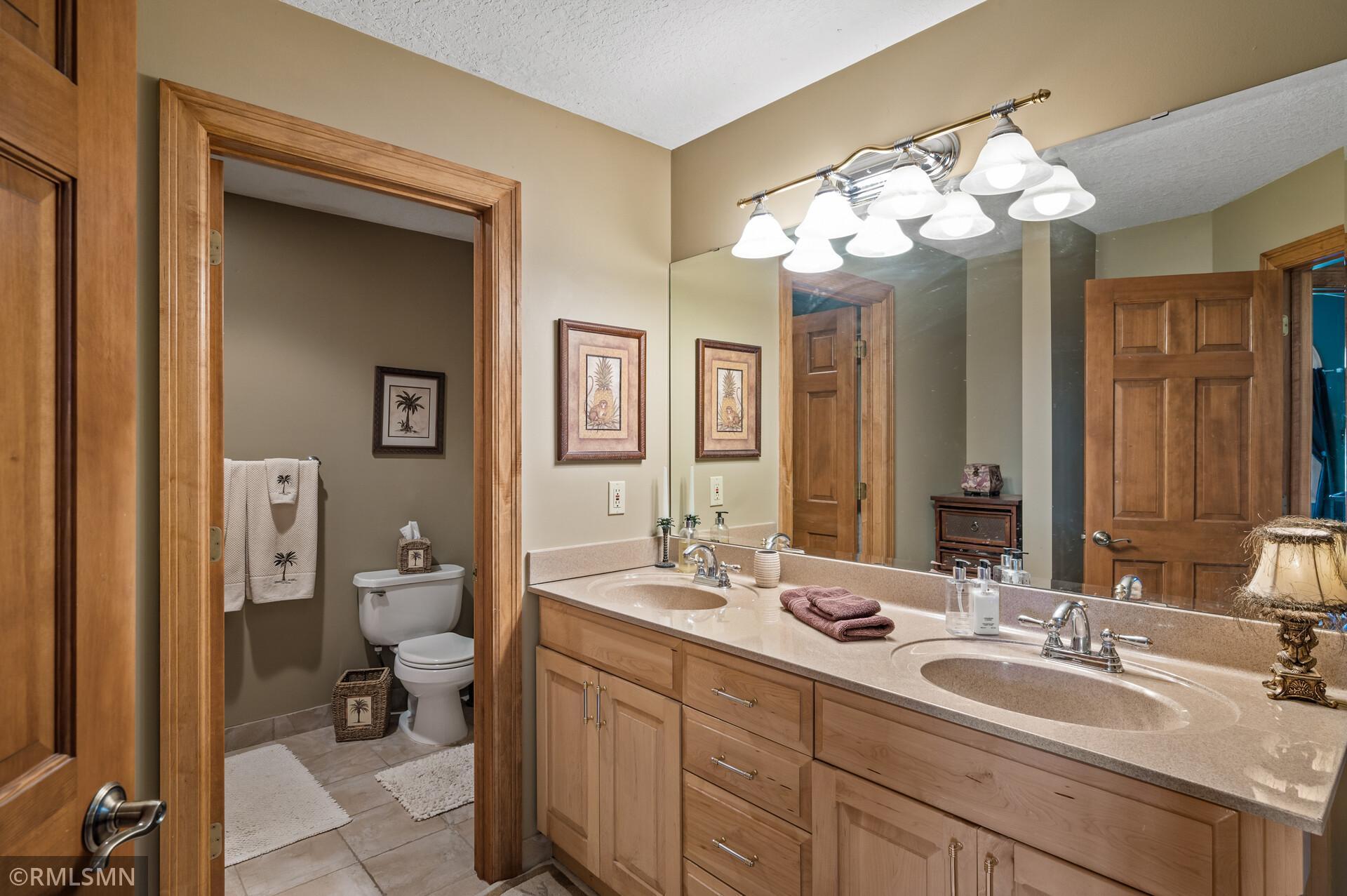 Bathroom with a double-sink vanity, large mirror, wood cabinetry, and adjoining toilet alcove.