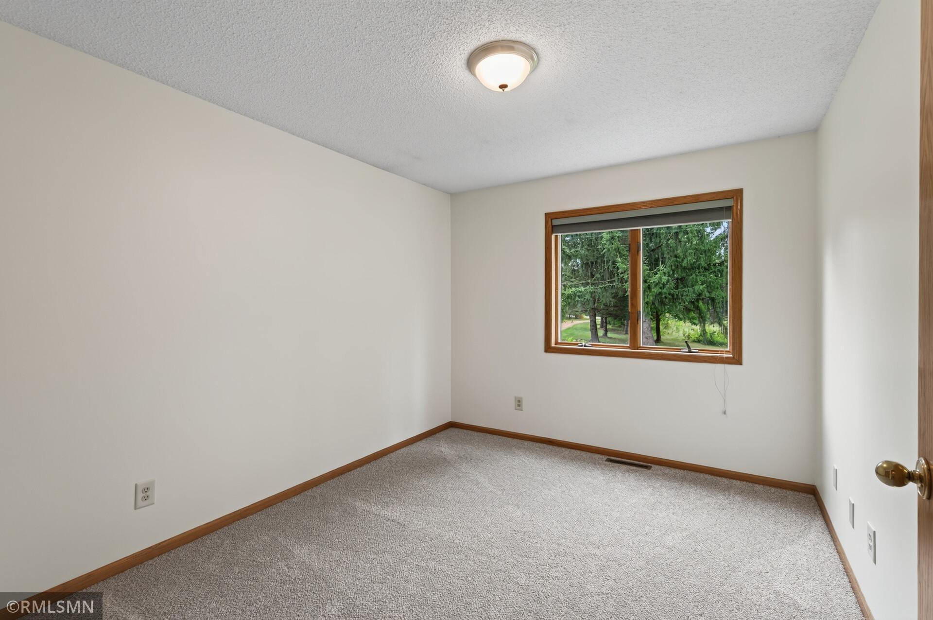 Empty bedroom with beige carpet, wood trim, and a window overlooking trees.