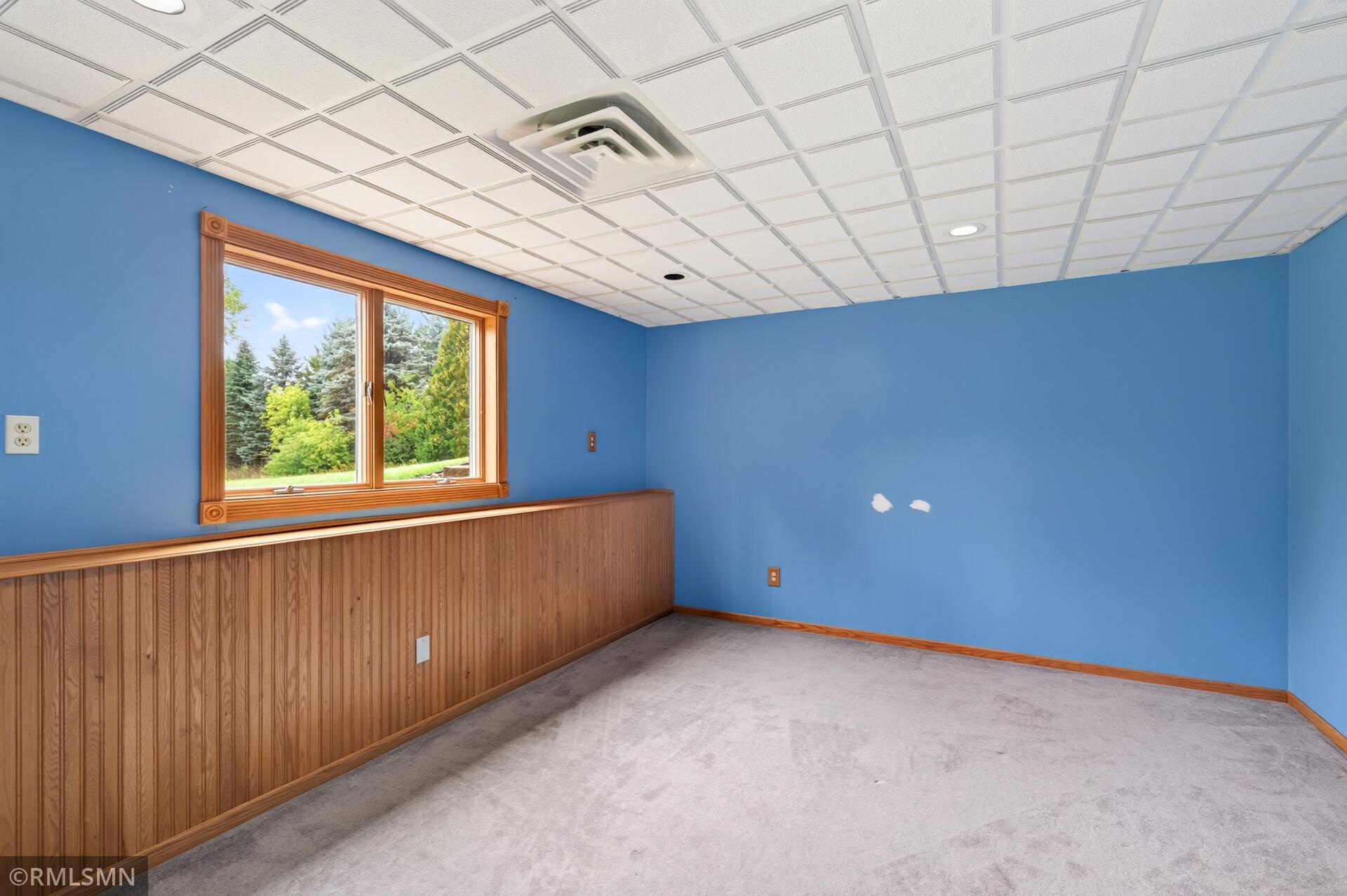 Empty room with blue walls, wood paneling, gray carpet, and a window overlooking trees.