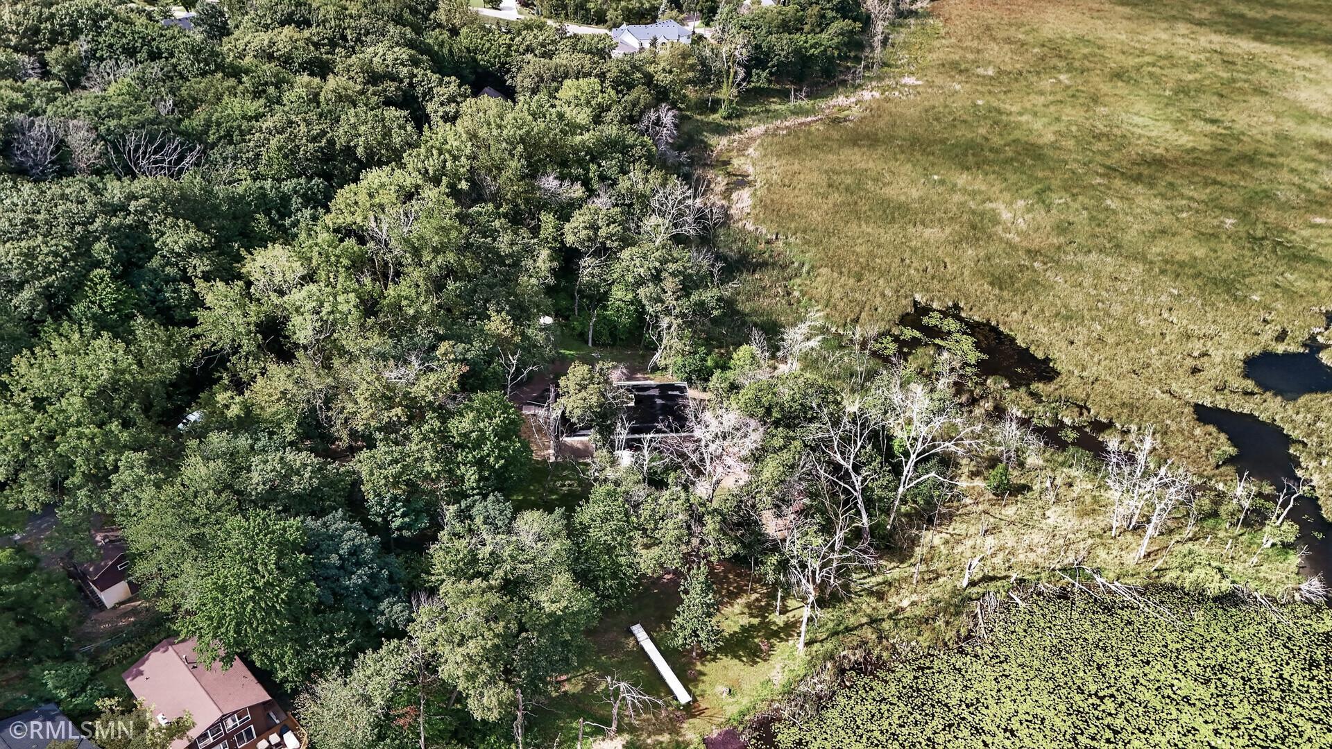 Aerial view of a wooded property beside wetlands, with ponds and a lily-pad-covered marsh.