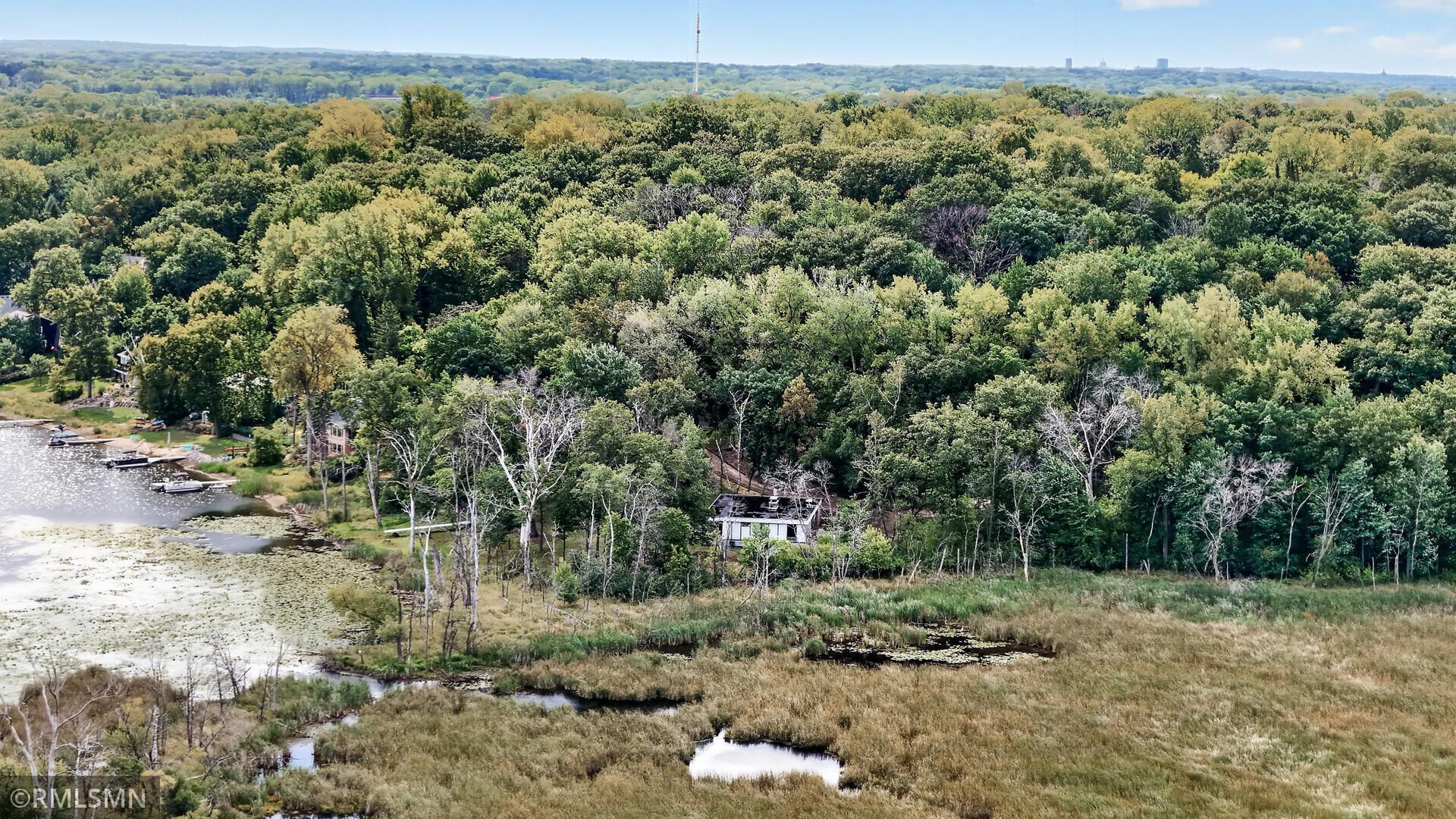 Aerial view of a wooded lakeside property with a small house and marshland.