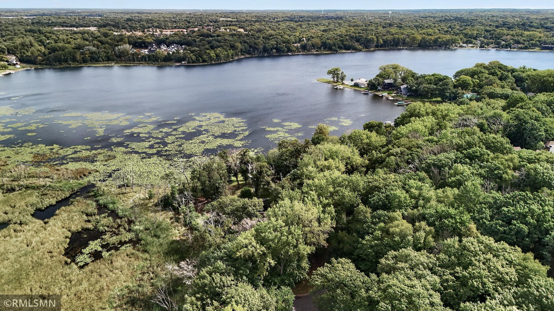 Aerial view of a wooded lakeshore and broad lake, with wetlands and waterfront homes.