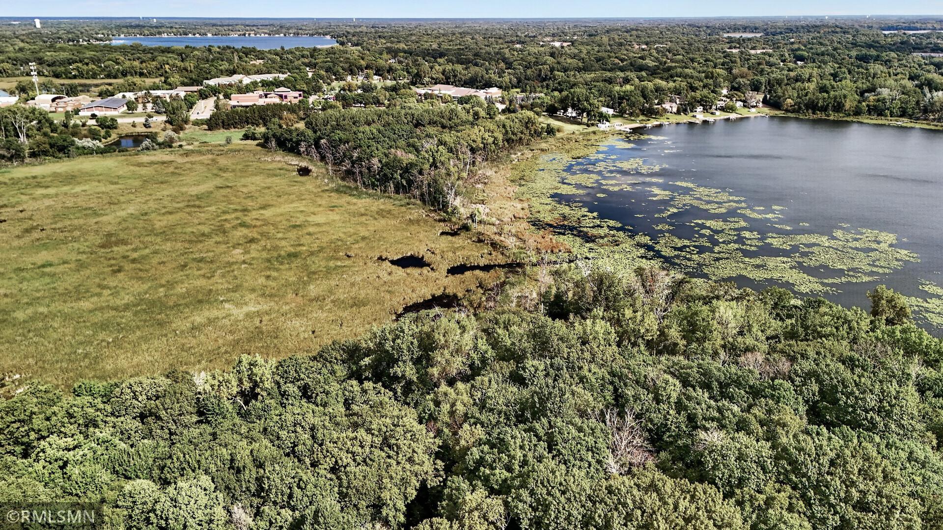 Aerial view of wooded wetlands bordering a lake, with homes along the far shore.
