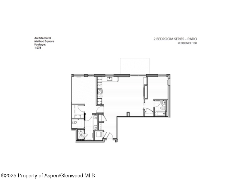 Floor plan for Residence 108, a 1,078-square-foot two-bedroom patio unit.