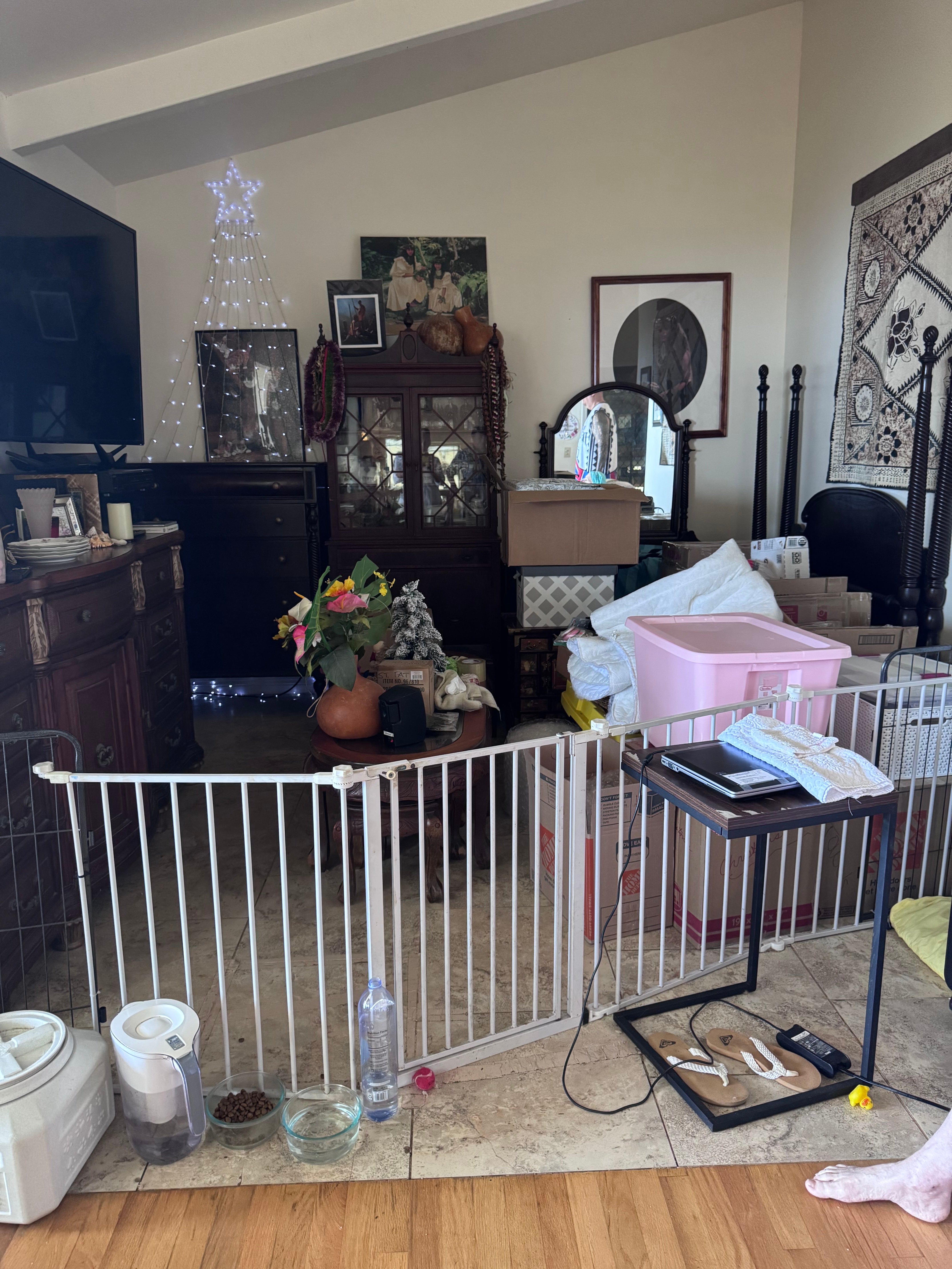 Cluttered bedroom with a dark wooden bed frame, television, and boxes behind a baby gate.