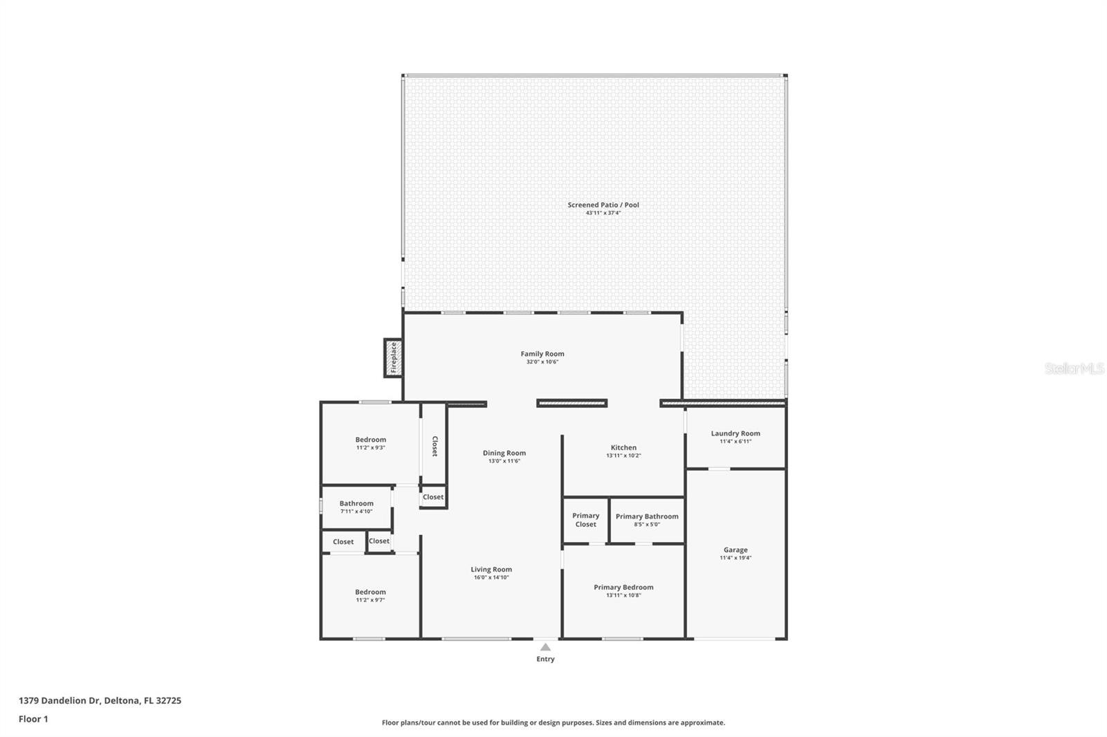 Floor plan showing the home's rooms, garage, and expansive screened patio and pool area.