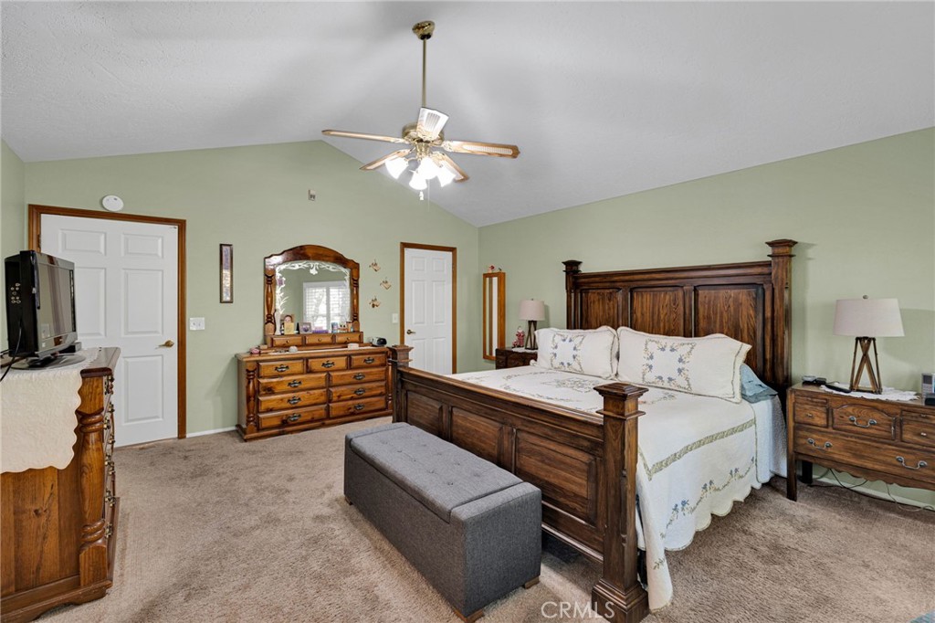 Furnished bedroom with a dark wood bed, matching furniture, beige carpet, and ceiling fan.