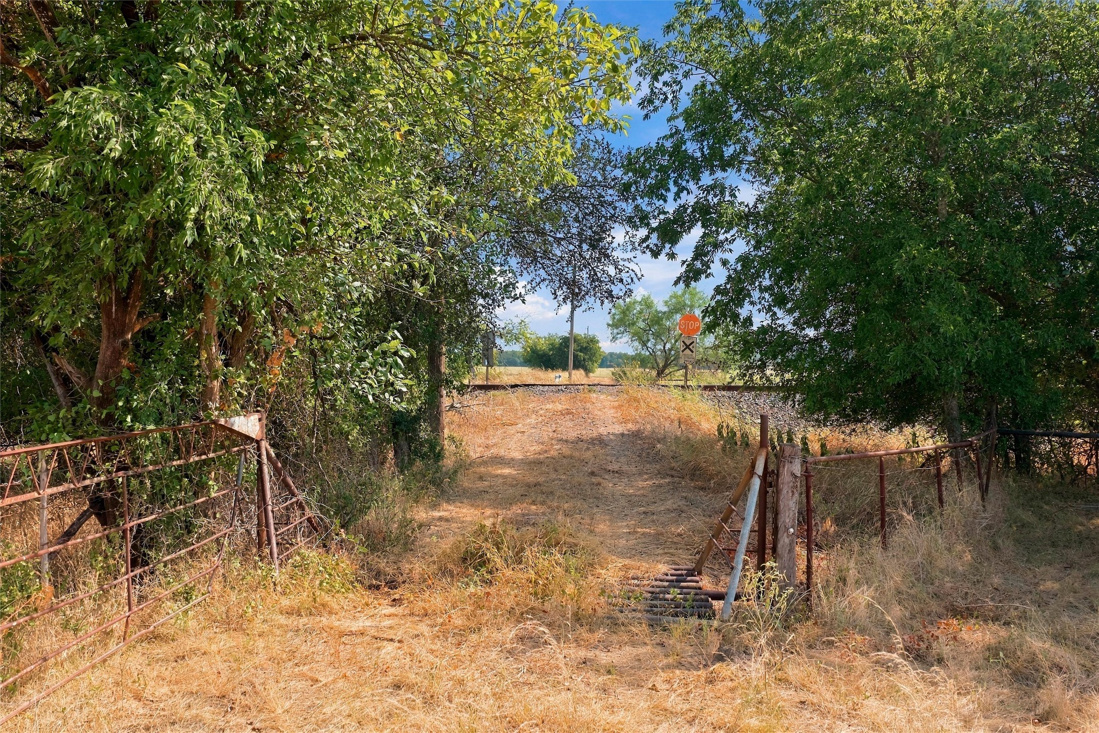 Rural property entrance with rusty gates, a cattle guard, and railroad tracks beyond.