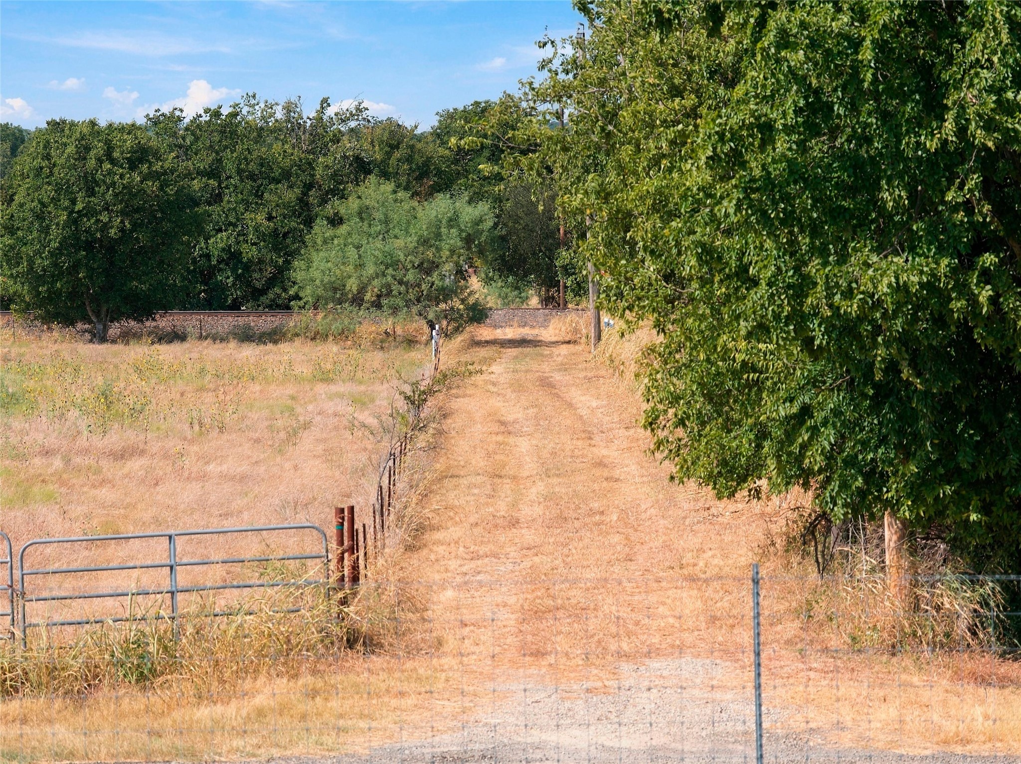 Rural property entrance with a gravel track, metal gate, dry grass, and trees.