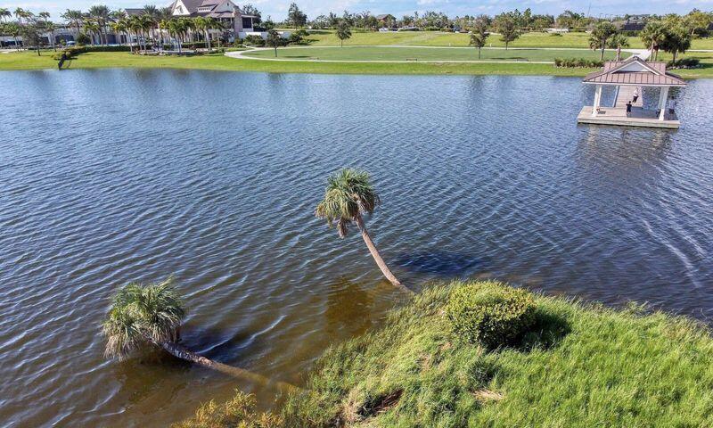 Aerial lake view with palm trees, grassy banks, waterfront homes, and a covered gazebo on a dock.