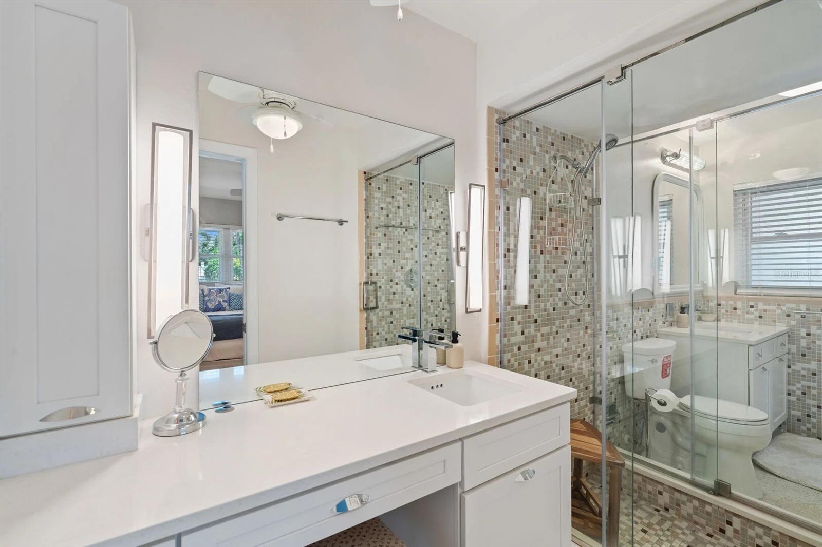 Bathroom with a white vanity and mirror beside a glass-enclosed mosaic-tile shower.