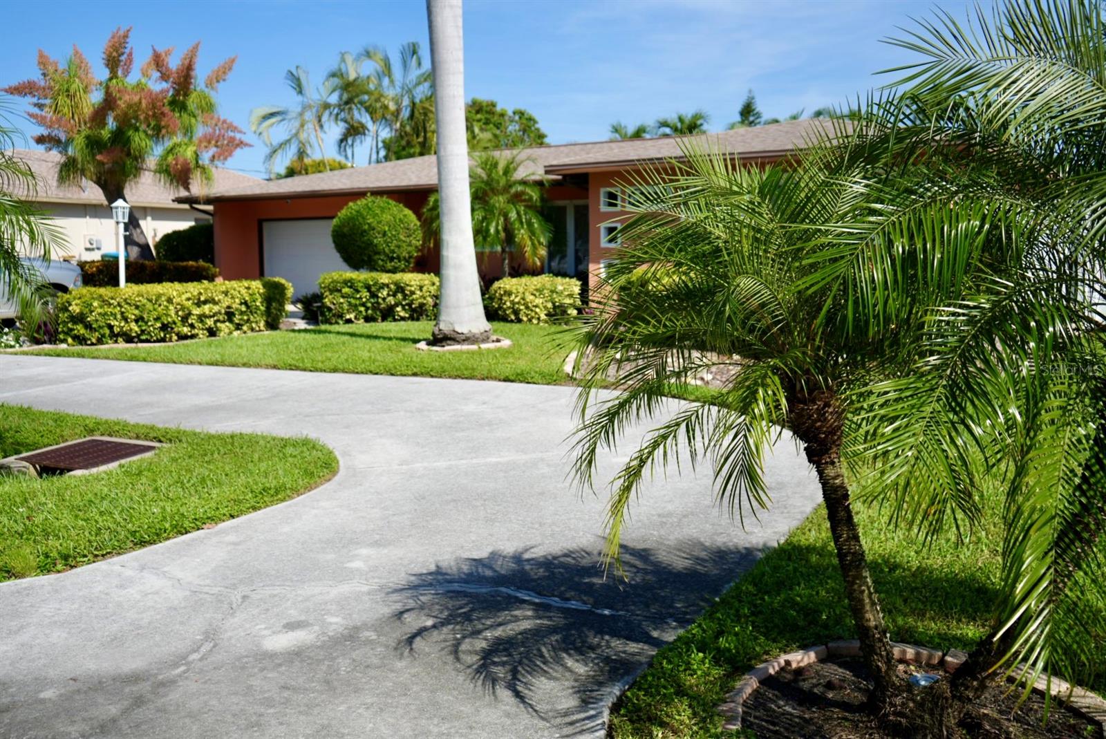Single-story home with a curved driveway, attached garage, and palm-filled landscaping.