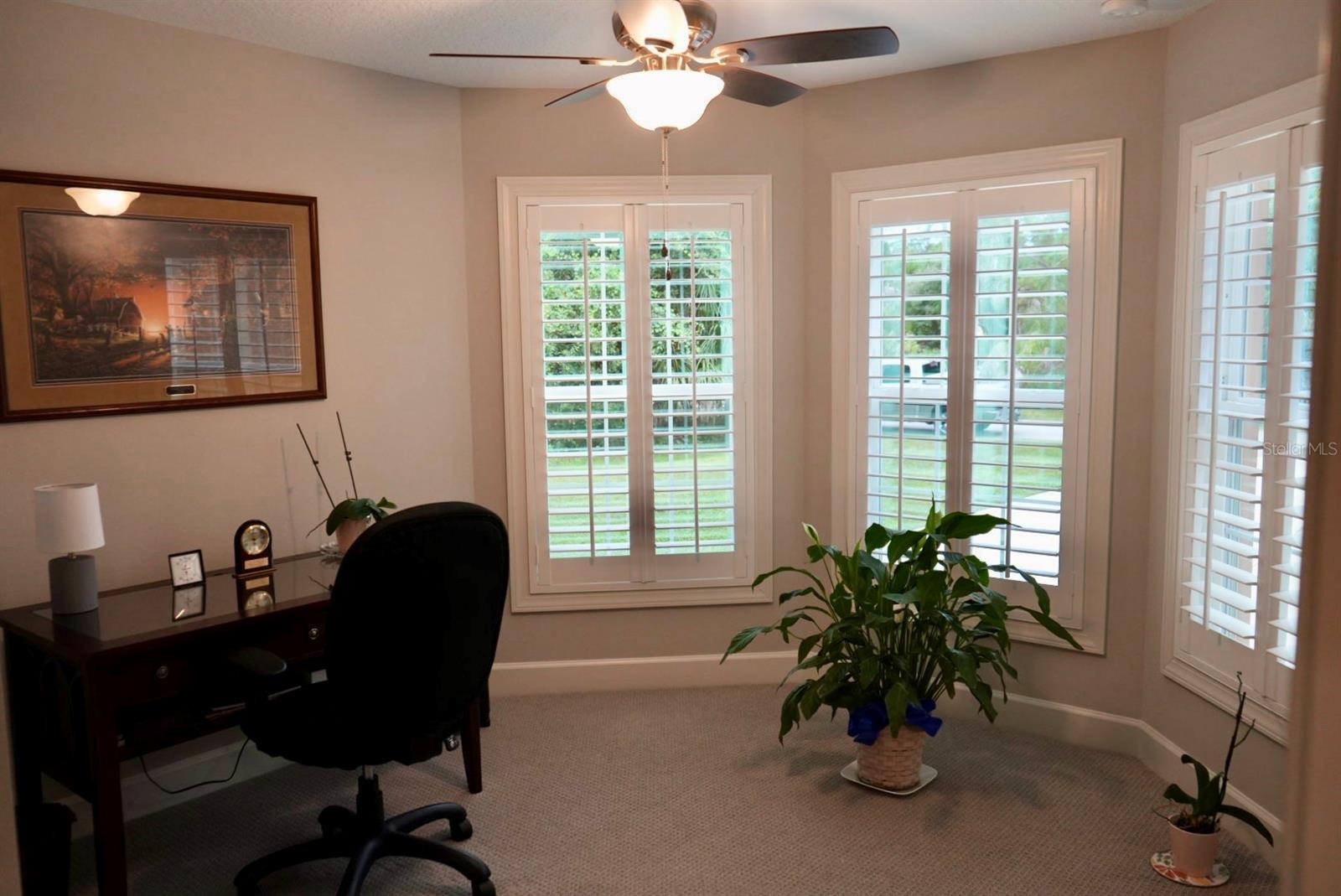 Home office with a dark desk, ceiling fan, potted plants, and plantation shutters on large windows.