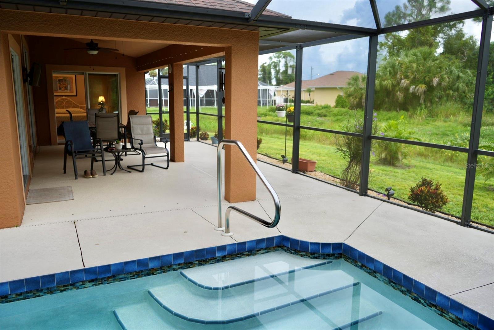 Screened-in pool patio with blue tile edging, patio seating, and a view of the grassy yard.