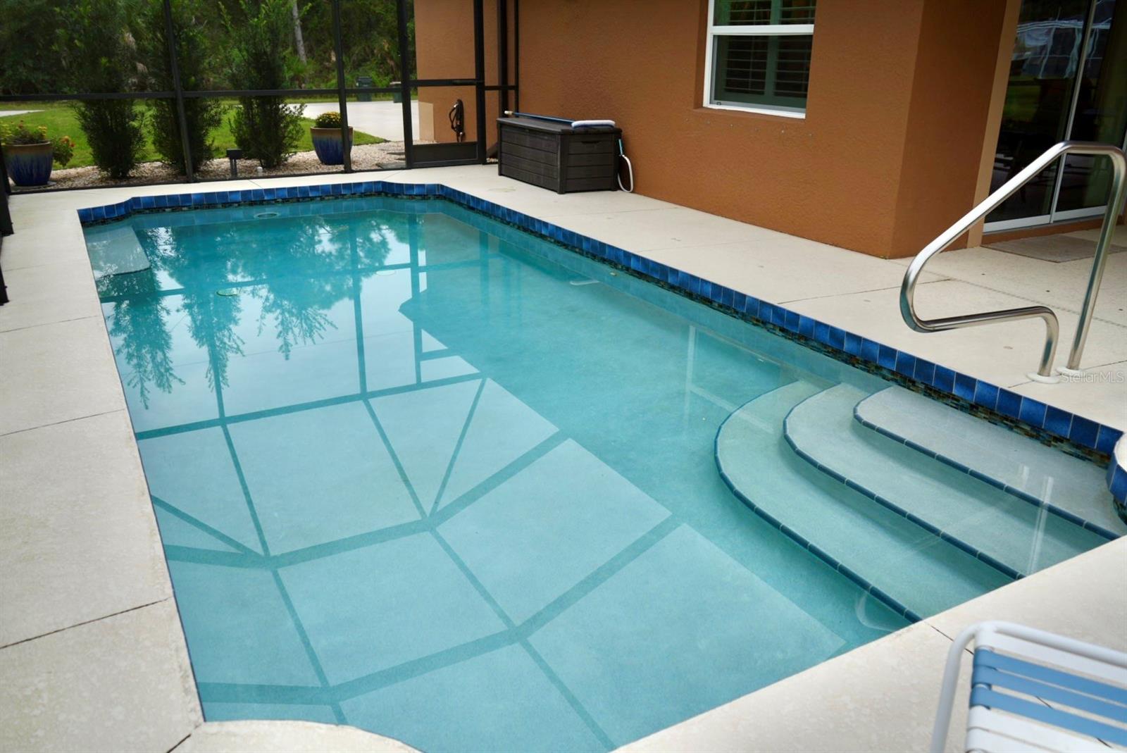 Screened outdoor pool with curved entry steps and a light concrete deck.