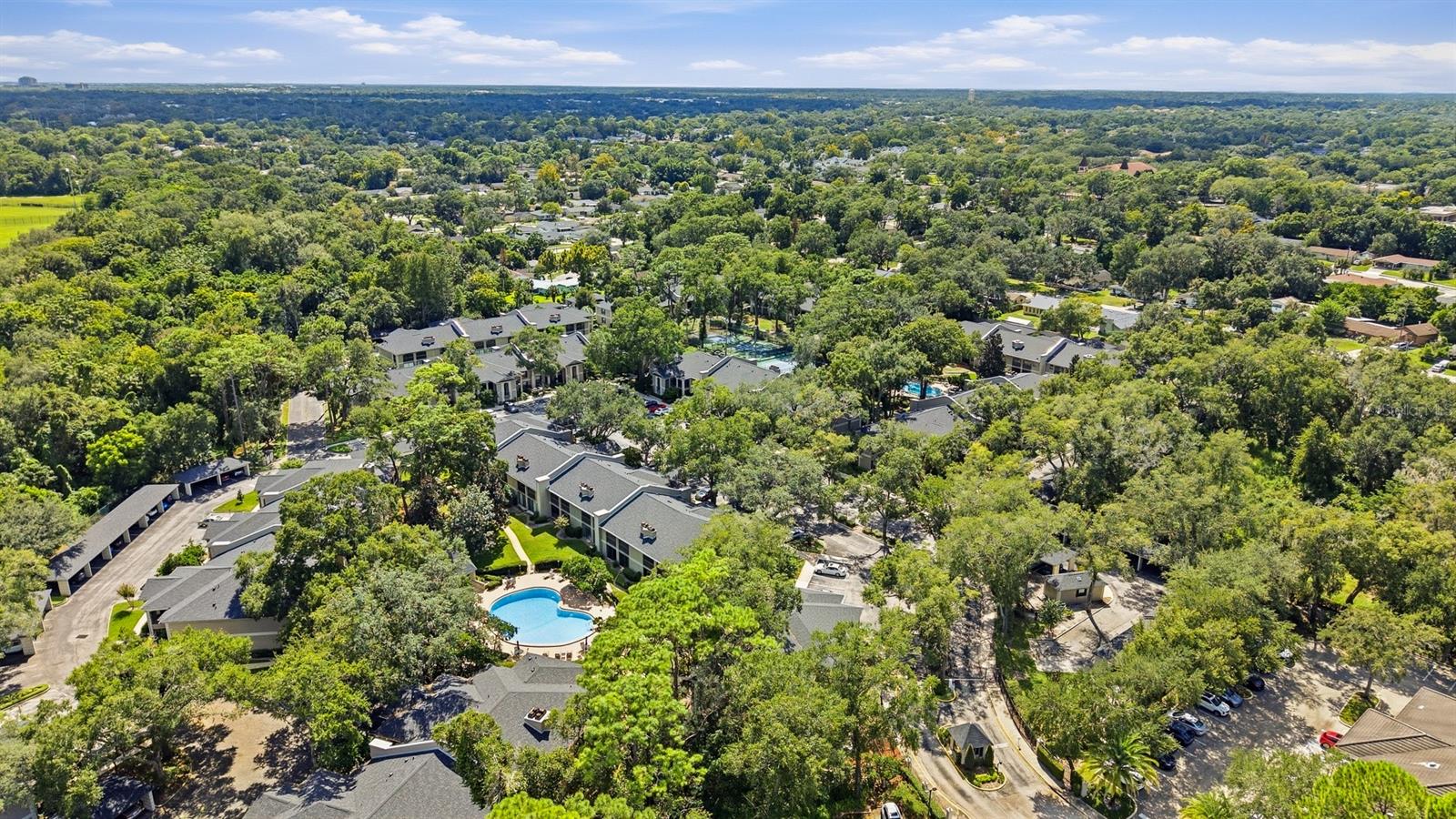 Aerial view of a tree-lined residential community with low-rise homes and a shared swimming pool.
