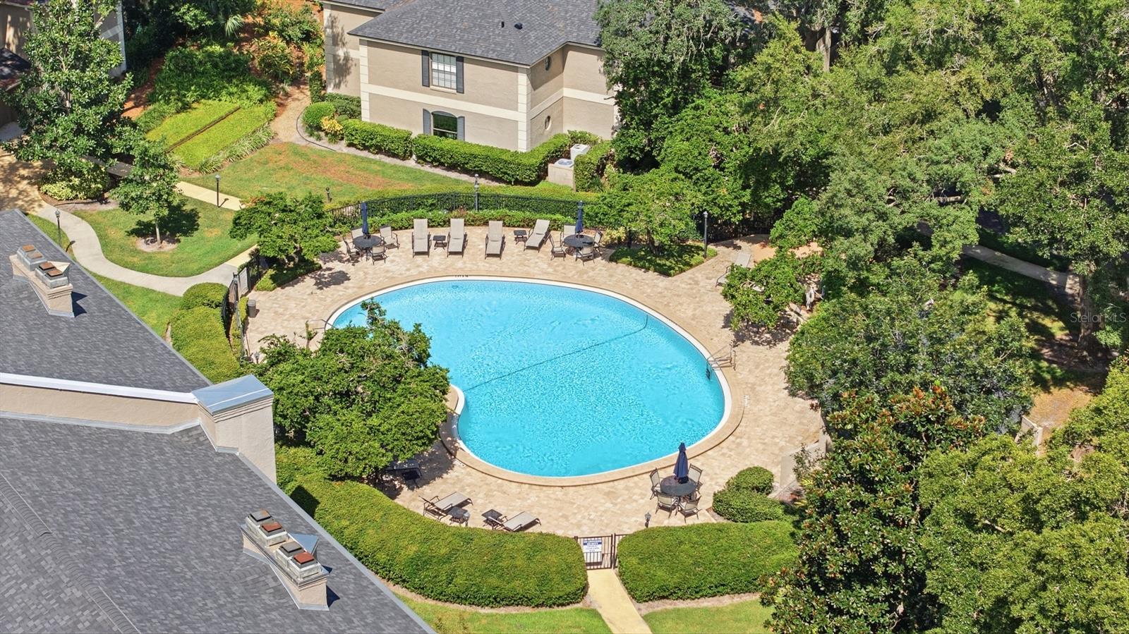 Community swimming pool with a curved paved deck, lounge chairs, and surrounding trees.